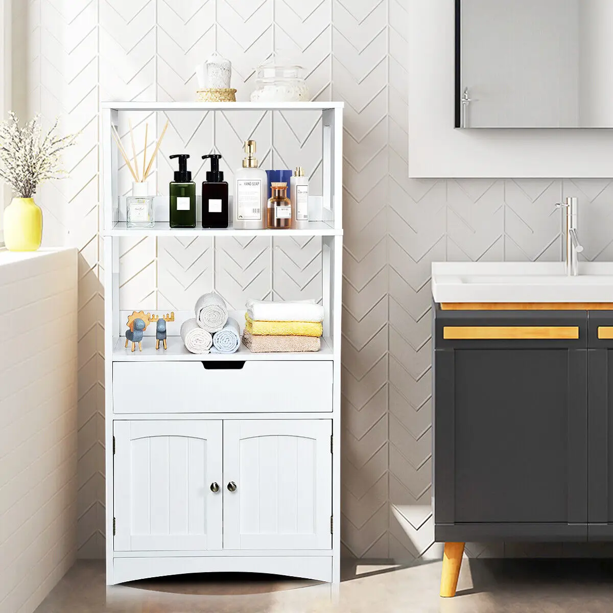 GOFLAME Bathroom Floor Cabinet Wooden Tall Storage Cupboard Freestanding 2 Open Shelves
