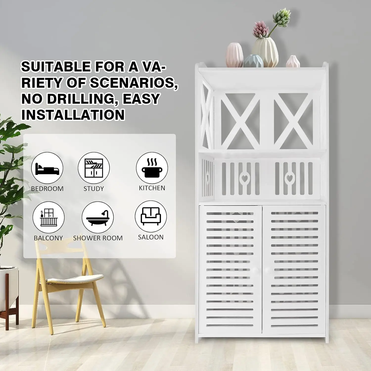 BRIEFNESS Bathroom cabinet White floor standing cabinet with double doors and 3 shelves Storage cabinet Storage cabinet