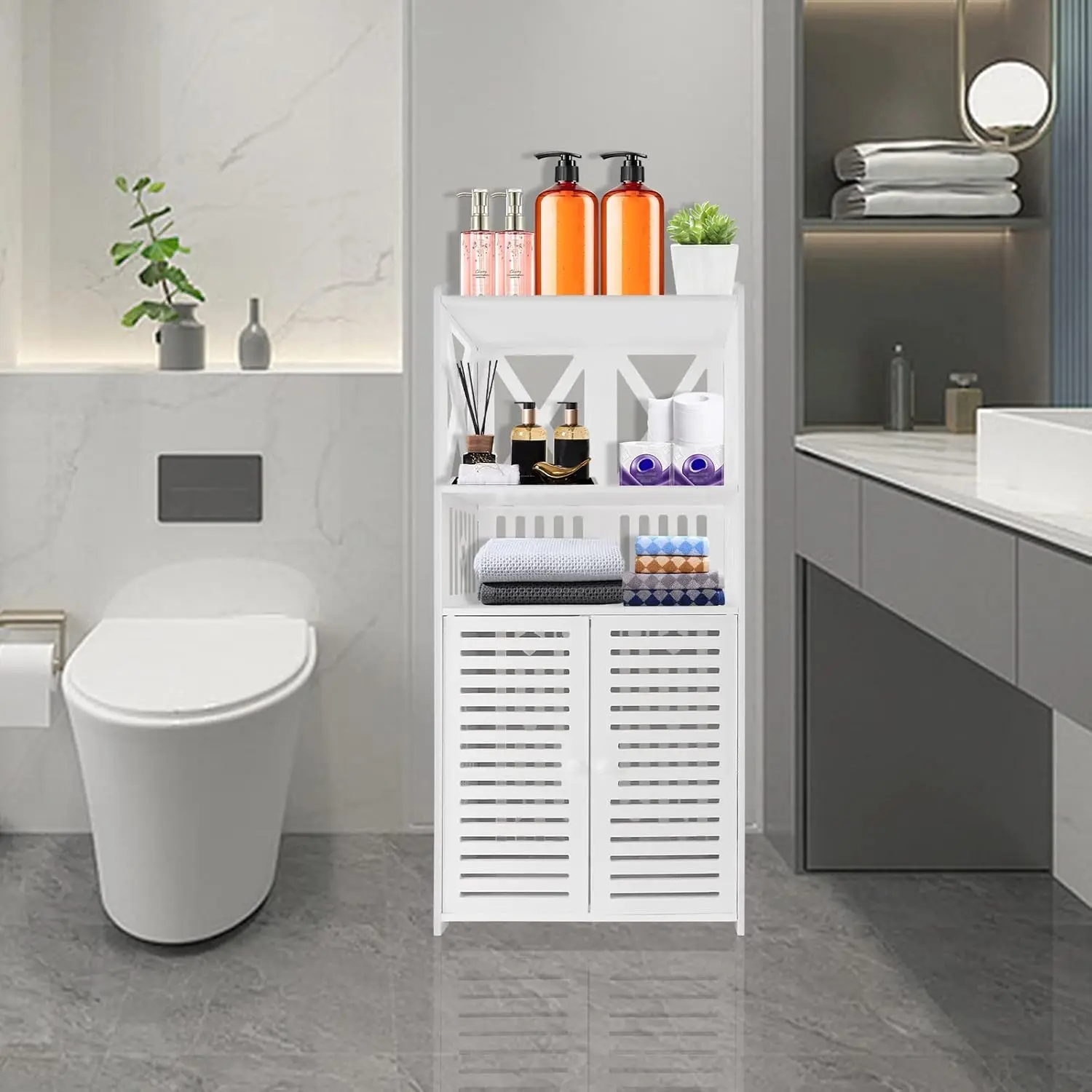 BRIEFNESS Bathroom cabinet White floor standing cabinet with double doors and 3 shelves Storage cabinet Storage cabinet