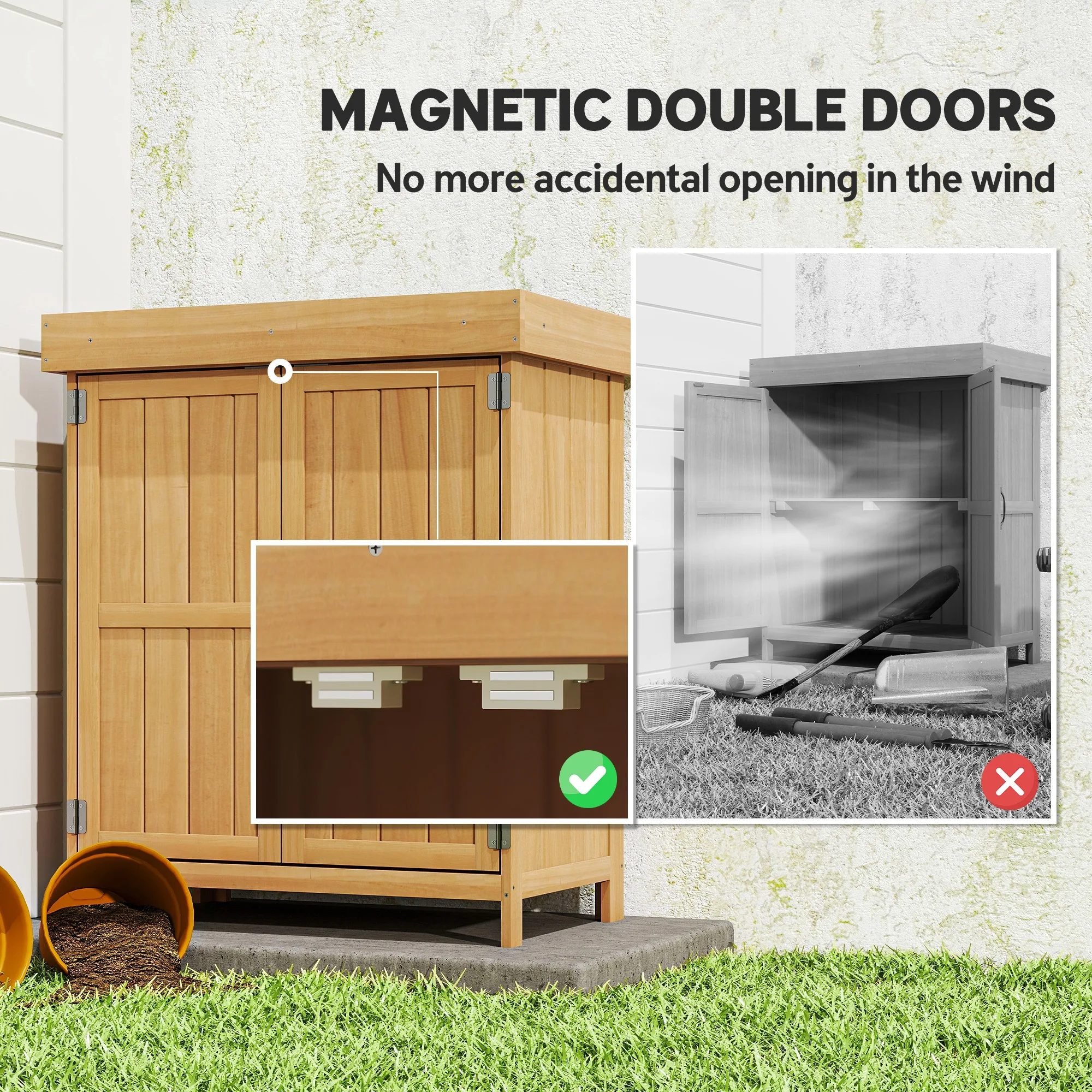 Outdoor Garden Storage Shed Tool Wooden Box W/ Hinged Roof 74X43X88Cm, Natural
