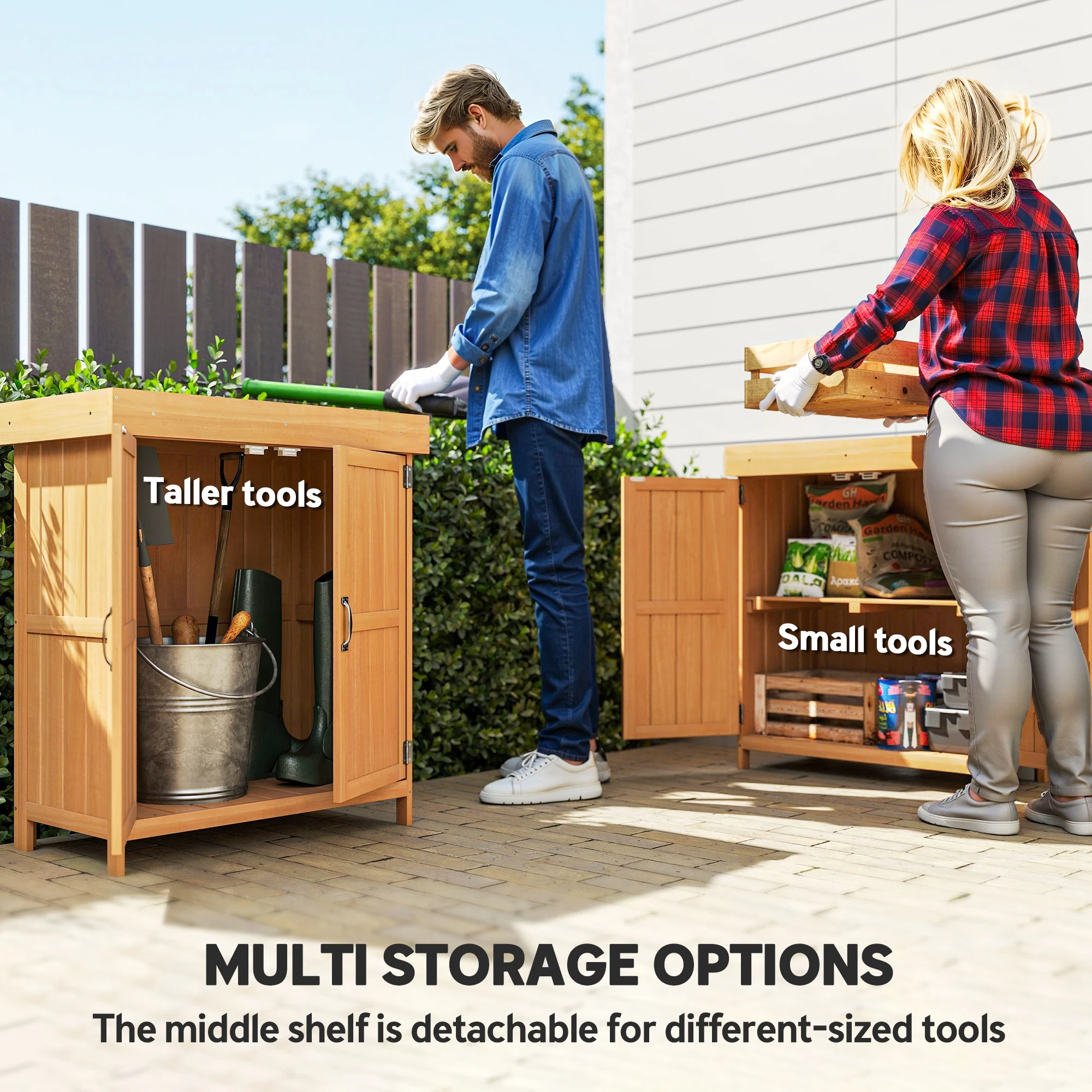 Outdoor Garden Storage Shed Tool Wooden Box W/ Hinged Roof 74X43X88Cm, Natural