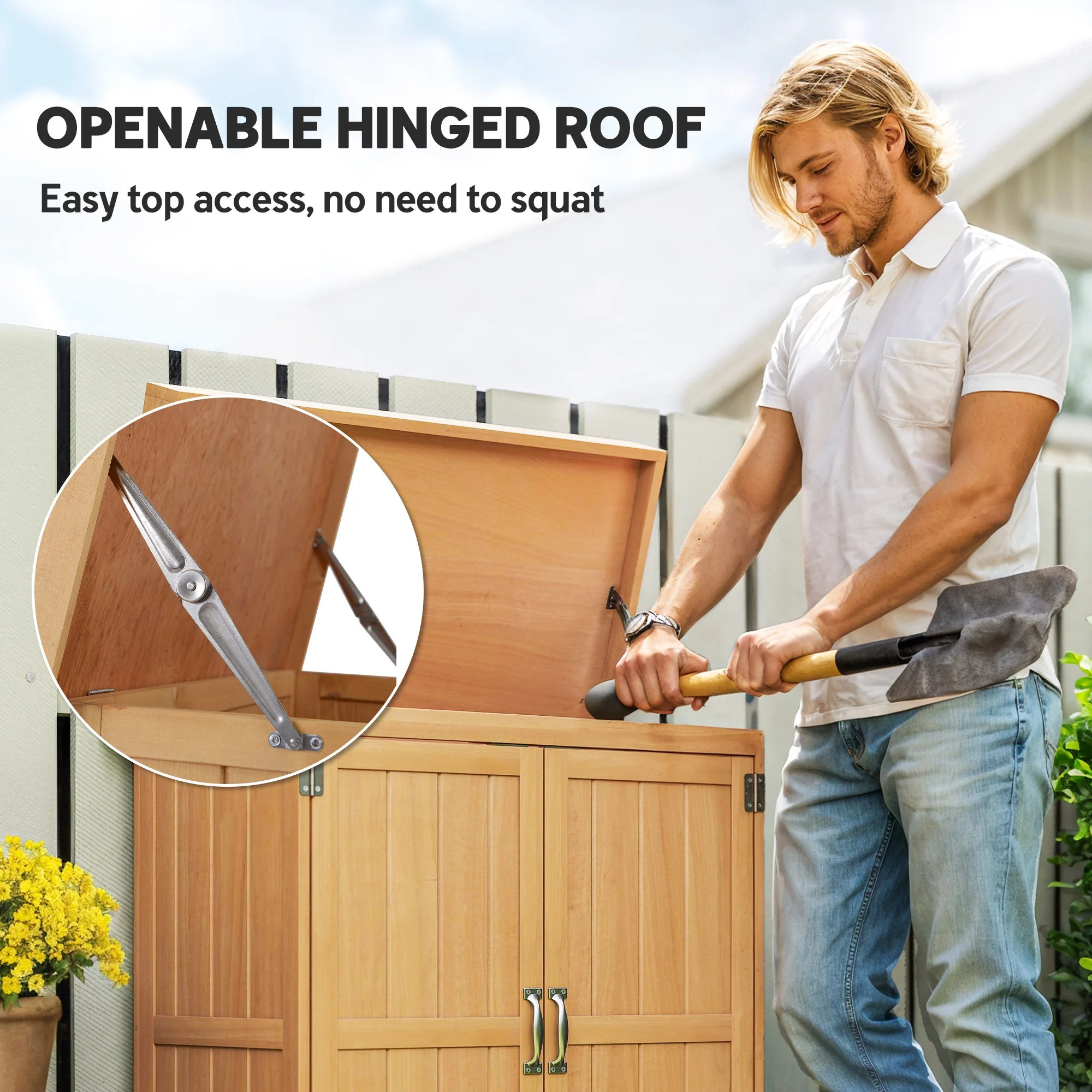 Outdoor Garden Storage Shed Tool Wooden Box W/ Hinged Roof 74X43X88Cm, Natural
