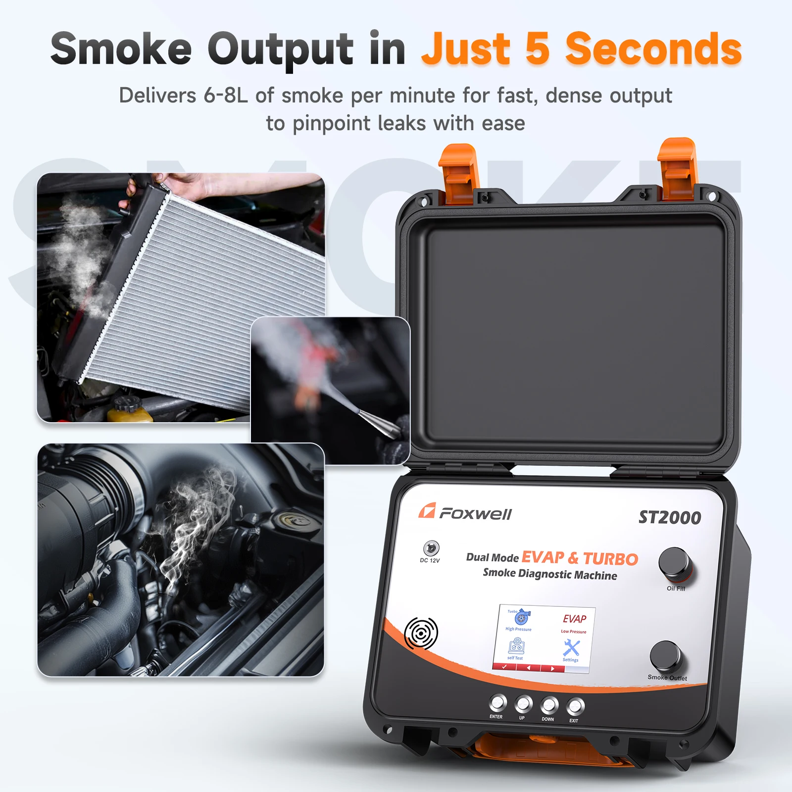 FOXWELL ST2000 Automotive Smoke Machine Built-in Air Pump Digital Display Dual Mode Leak Tester for EVAP & Turbo System Tools