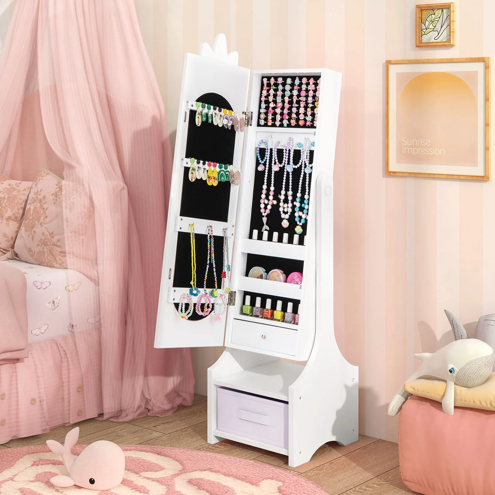 GOFLAME Kids Jewelry Cabinet Standing Children Jewelry Organizer w/Drawer-White
