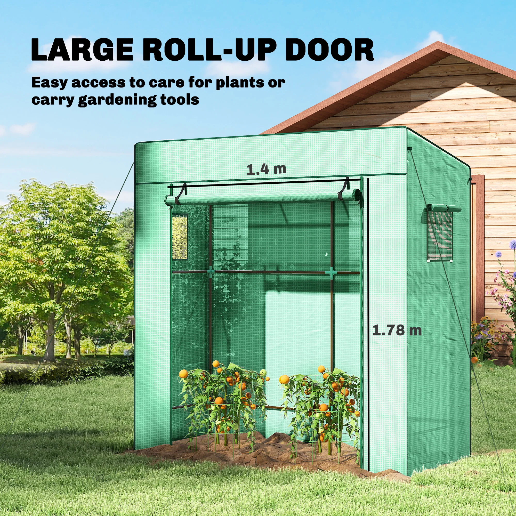 Lean-To Greenhouse Portable Walk-In Tomato Growhouse W/ Roll-Up Door, Green