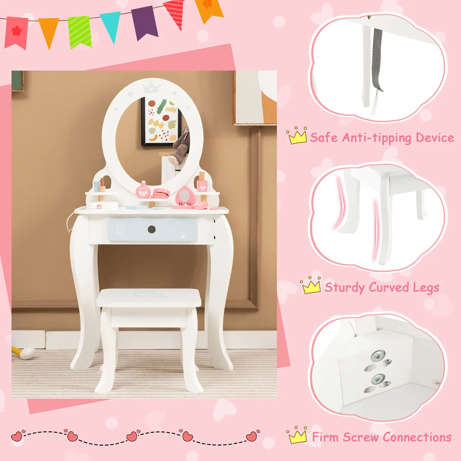 GOFLAME 2-in-1 Kids Vanity Set Makeup Table & Chair Set w/ Removable Mirror for Kids 3+