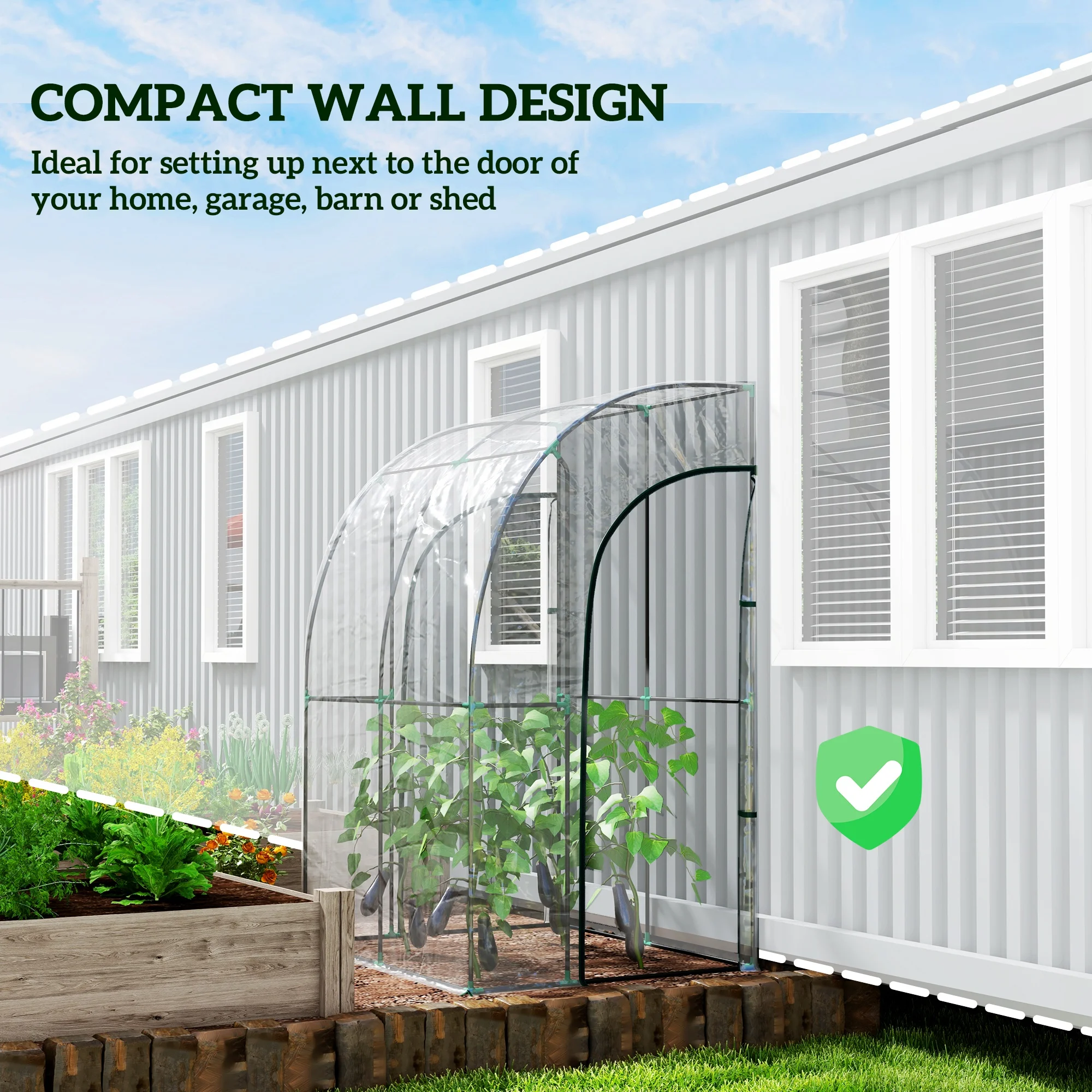143X118X212Cm Outdoor Walk-In Lean to Wall Tunnel Greenhouse with Roll up Doors