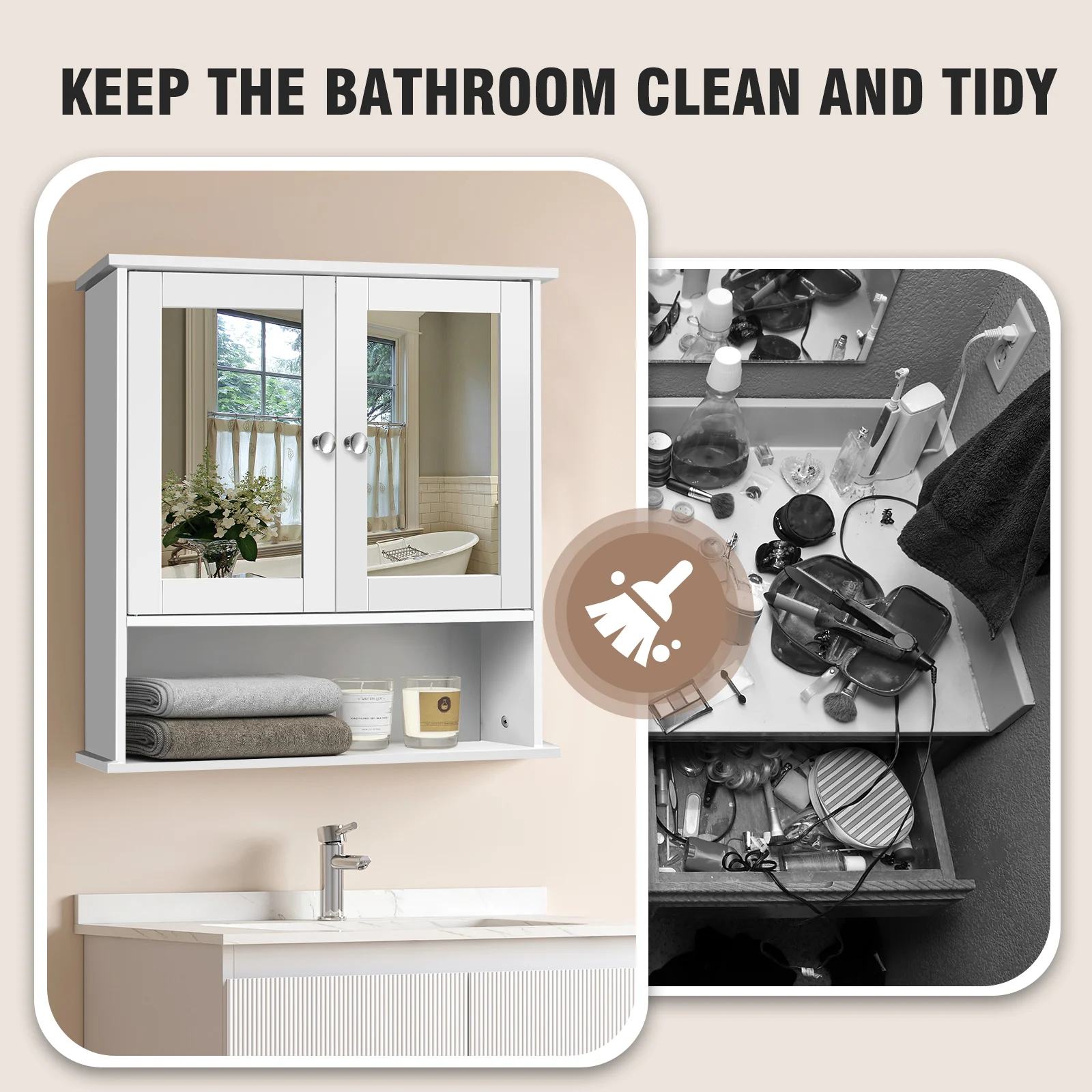 DayPlus Mirror Cabinet Double Door with Open Shelf, Wall Mounted Storage Cupboard for Bathroom with Adjustable Shelf White