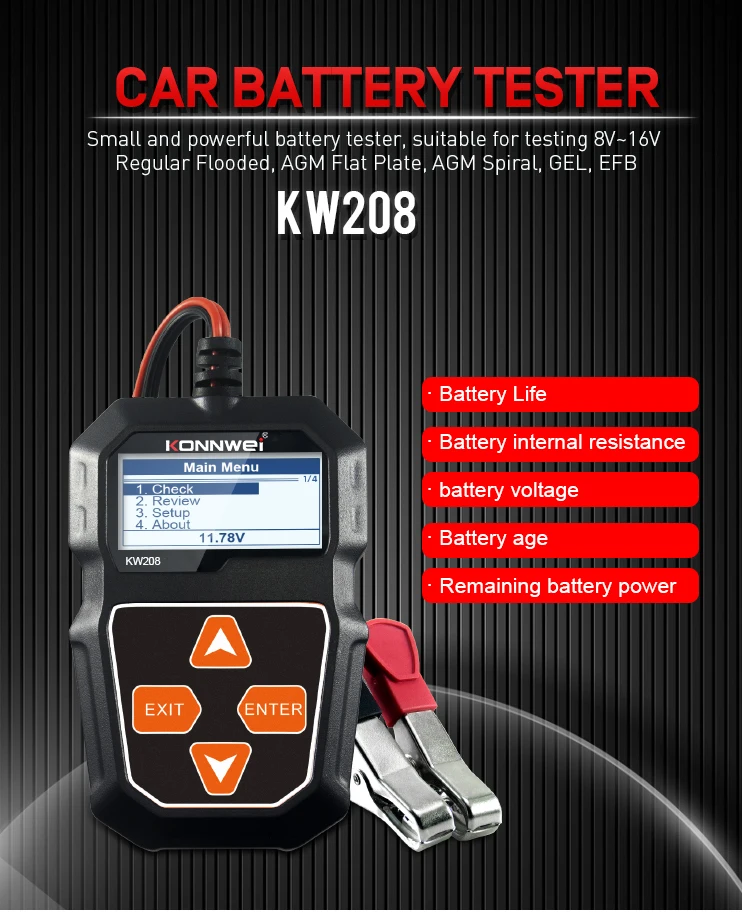 KONNWEI KW208 Car Battery Tester 12V 100 to 2000CCA Cranking Charging Circut Tester Battery Analyzer 12 Volts Battery Tools
