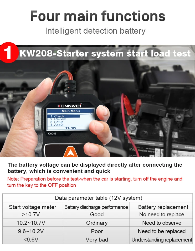 KONNWEI KW208 Car Battery Tester 12V 100 to 2000CCA Cranking Charging Circut Tester Battery Analyzer 12 Volts Battery Tools