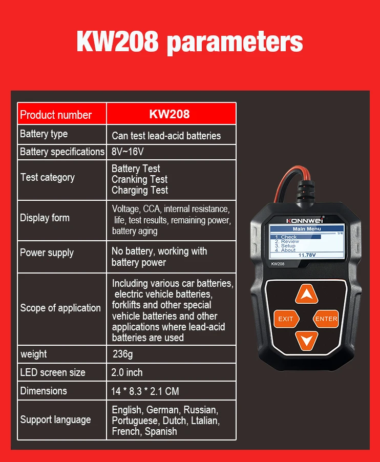 KONNWEI KW208 Car Battery Tester 12V 100 to 2000CCA Cranking Charging Circut Tester Battery Analyzer 12 Volts Battery Tools