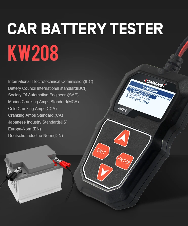 KONNWEI KW208 Car Battery Tester 12V 100 to 2000CCA Cranking Charging Circut Tester Battery Analyzer 12 Volts Battery Tools