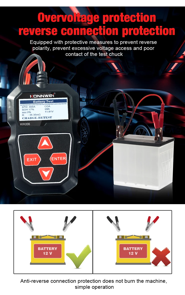 KONNWEI KW208 Car Battery Tester 12V 100 to 2000CCA Cranking Charging Circut Tester Battery Analyzer 12 Volts Battery Tools