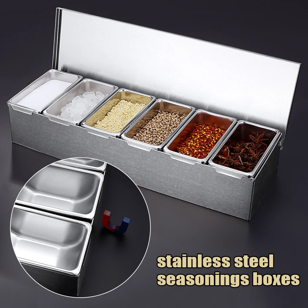 Ingredient Container With 6 Grids Kitchen Spice Box Set With Lid Stainless Steel Spice Container Fruit Box Food Container