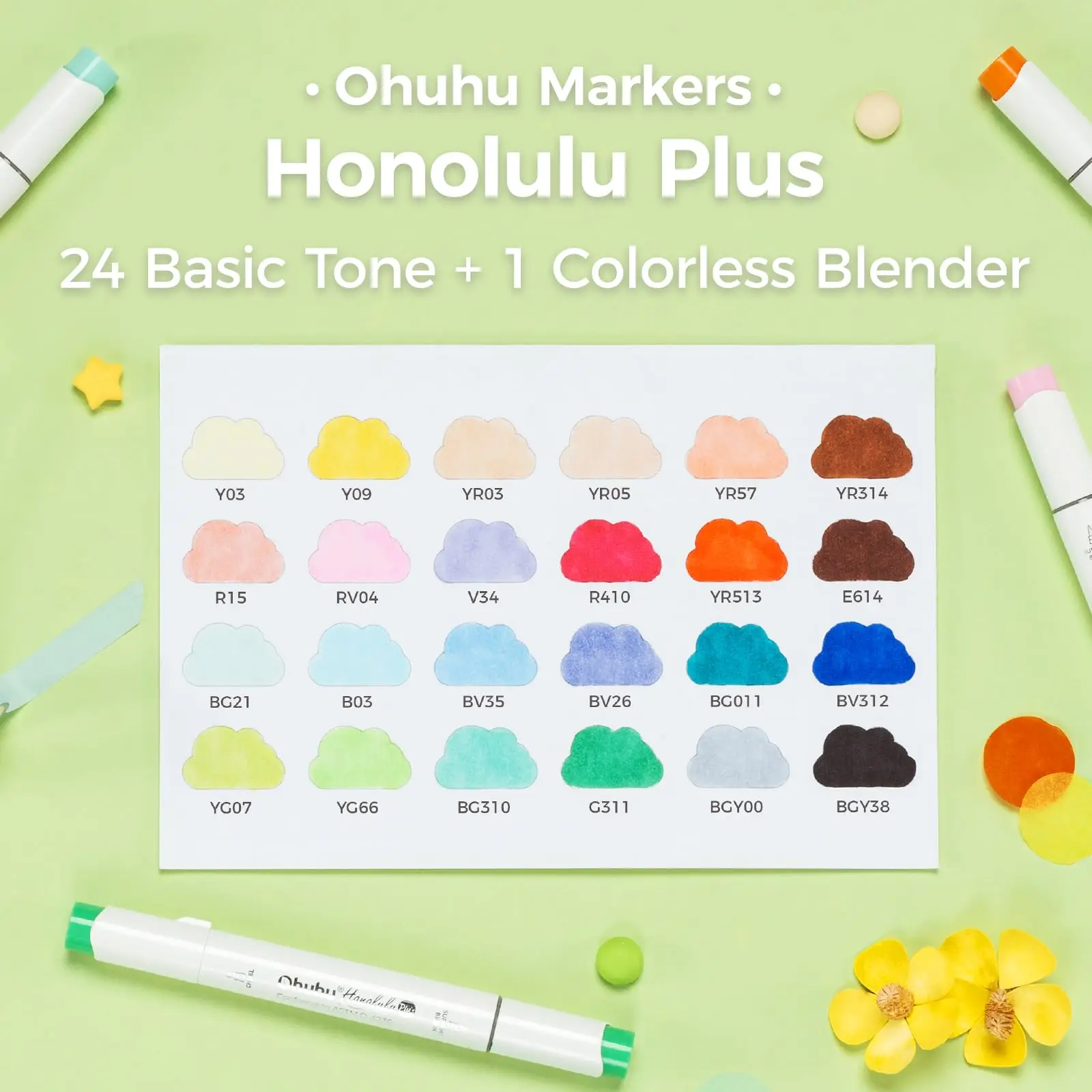 Ohuhu Honolulu Plus 24 Colors Alcohol Markers Double Tipped Art Marker Set Refillable Marker Pen Coloring Illustrations Drawing
