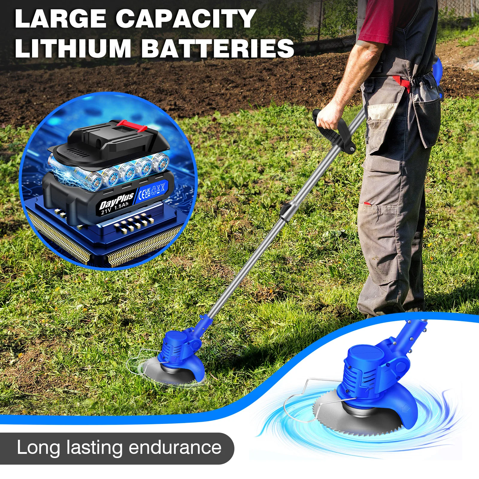 21 V Battery Grass Trimmer with 2 Batteries with Rotating Handle, Cordless Grass Trimmer for Garden, Yard