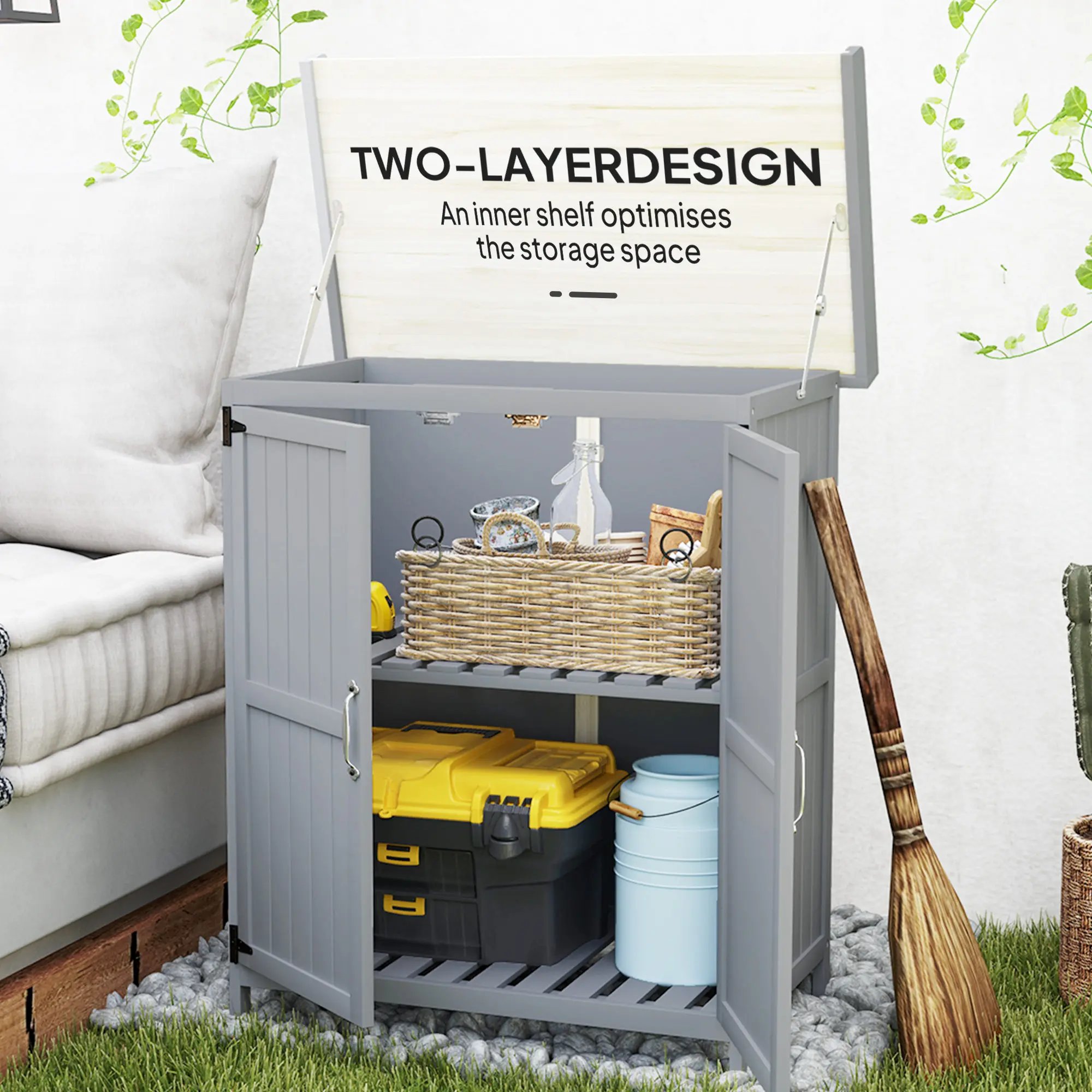 Wooden Garden Tool Shed with Hinged Roof and Shelf, Gray