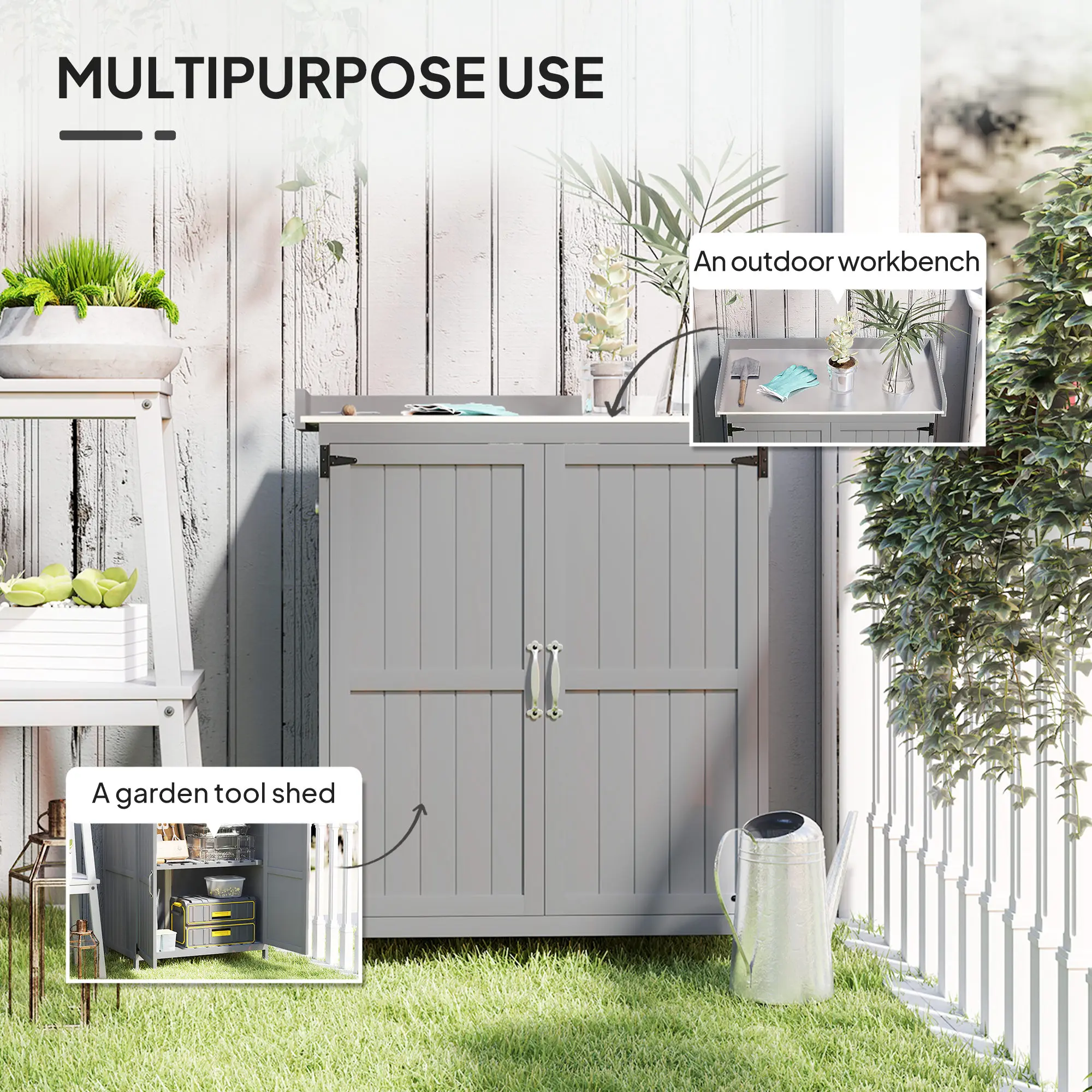 Wooden Garden Tool Shed with Hinged Roof and Shelf, Gray