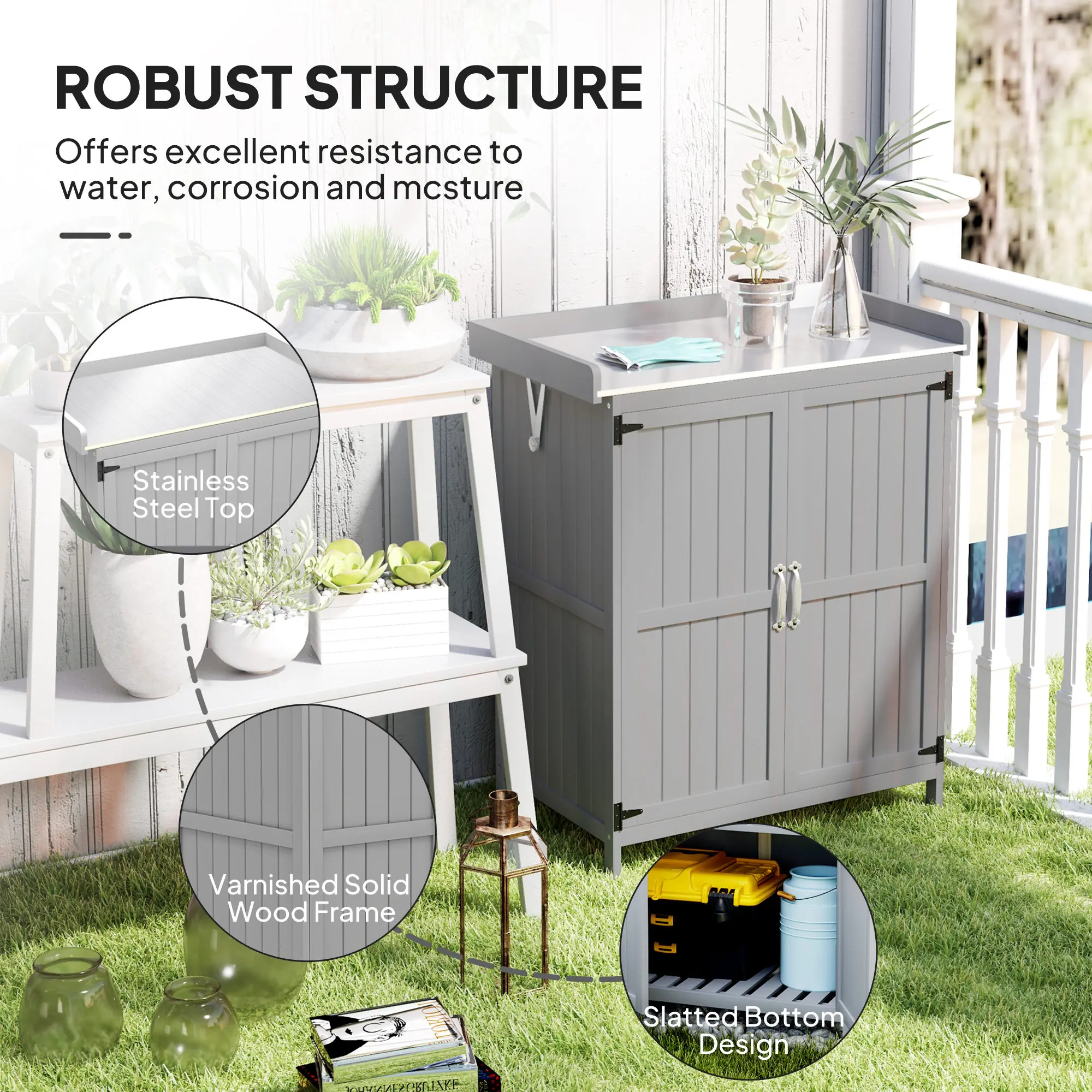 Wooden Garden Tool Shed with Hinged Roof and Shelf, Gray