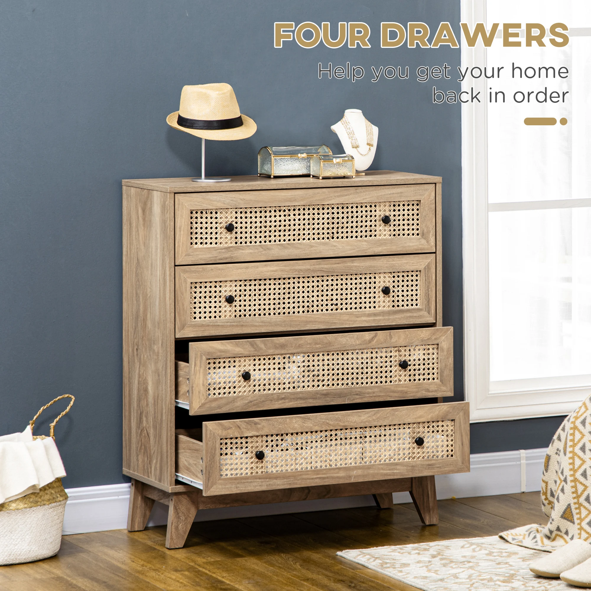 HOMCOM Chest of Drawers, 4 Drawer Unit Storage Organiser with Rattan Element