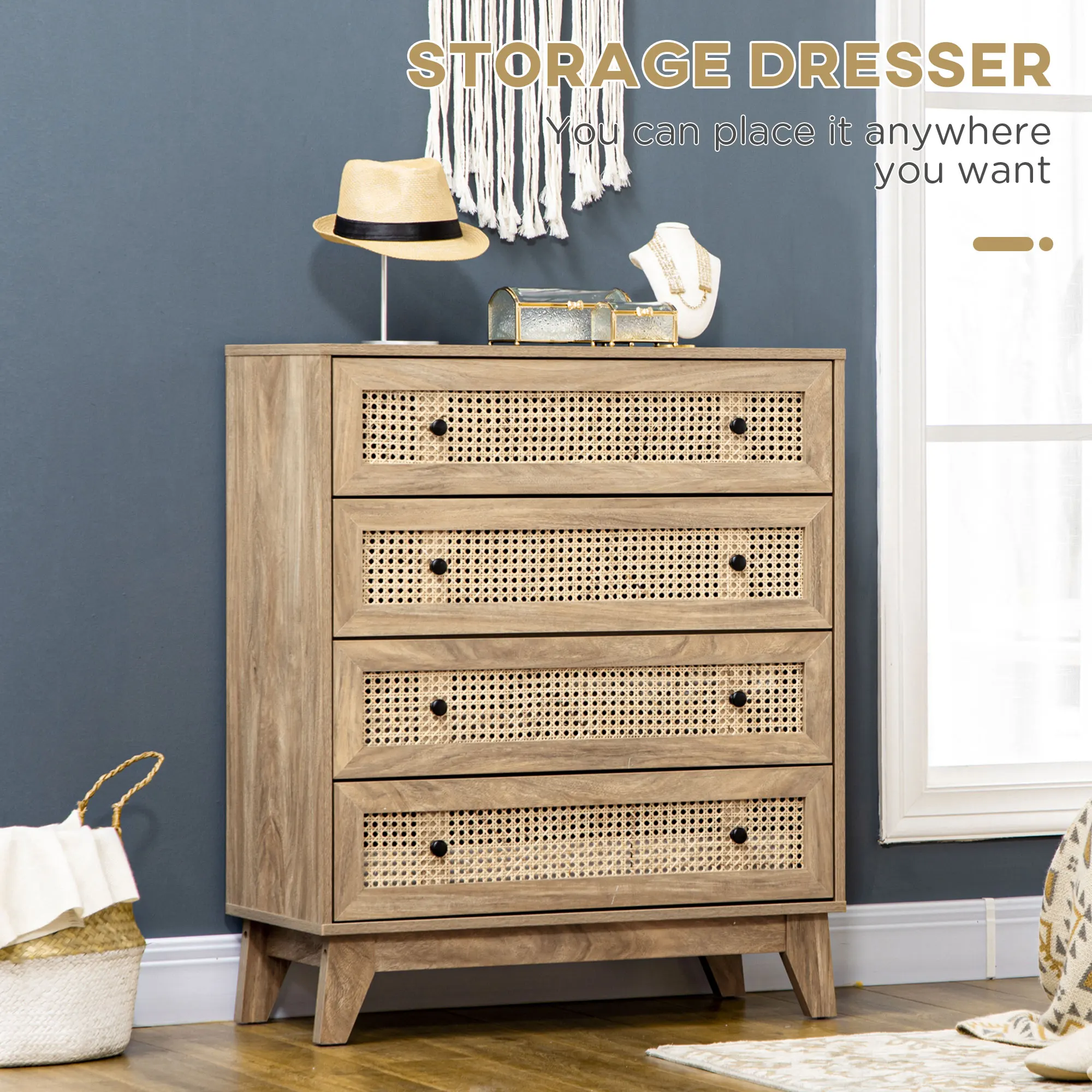 HOMCOM Chest of Drawers, 4 Drawer Unit Storage Organiser with Rattan Element