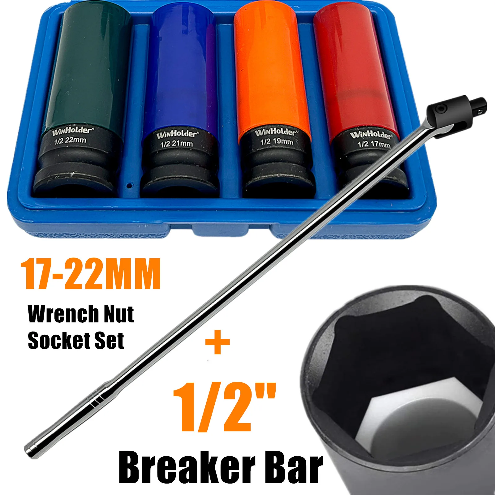 2 Sets Include 24" 600mm Power Breaker Bar Ratchet Wrench + 4Peices 1/2" Drive Wheel Nut Socket Set 17-22mm Heavy Duty