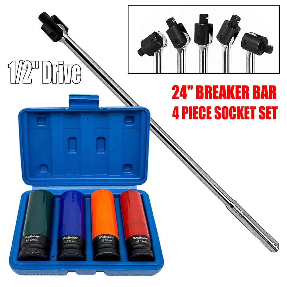2 Sets Include 24" 600mm Power Breaker Bar Ratchet Wrench + 4Peices 1/2" Drive Wheel Nut Socket Set 17-22mm Heavy Duty