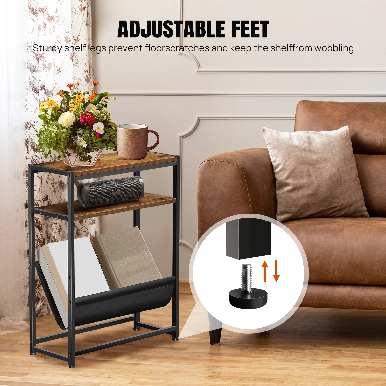 Small End Table for Small Spaces - Slim Side Table with Magazine Holder,2 in 1 Design Narrow End Table for Small Rooms, Bedroom