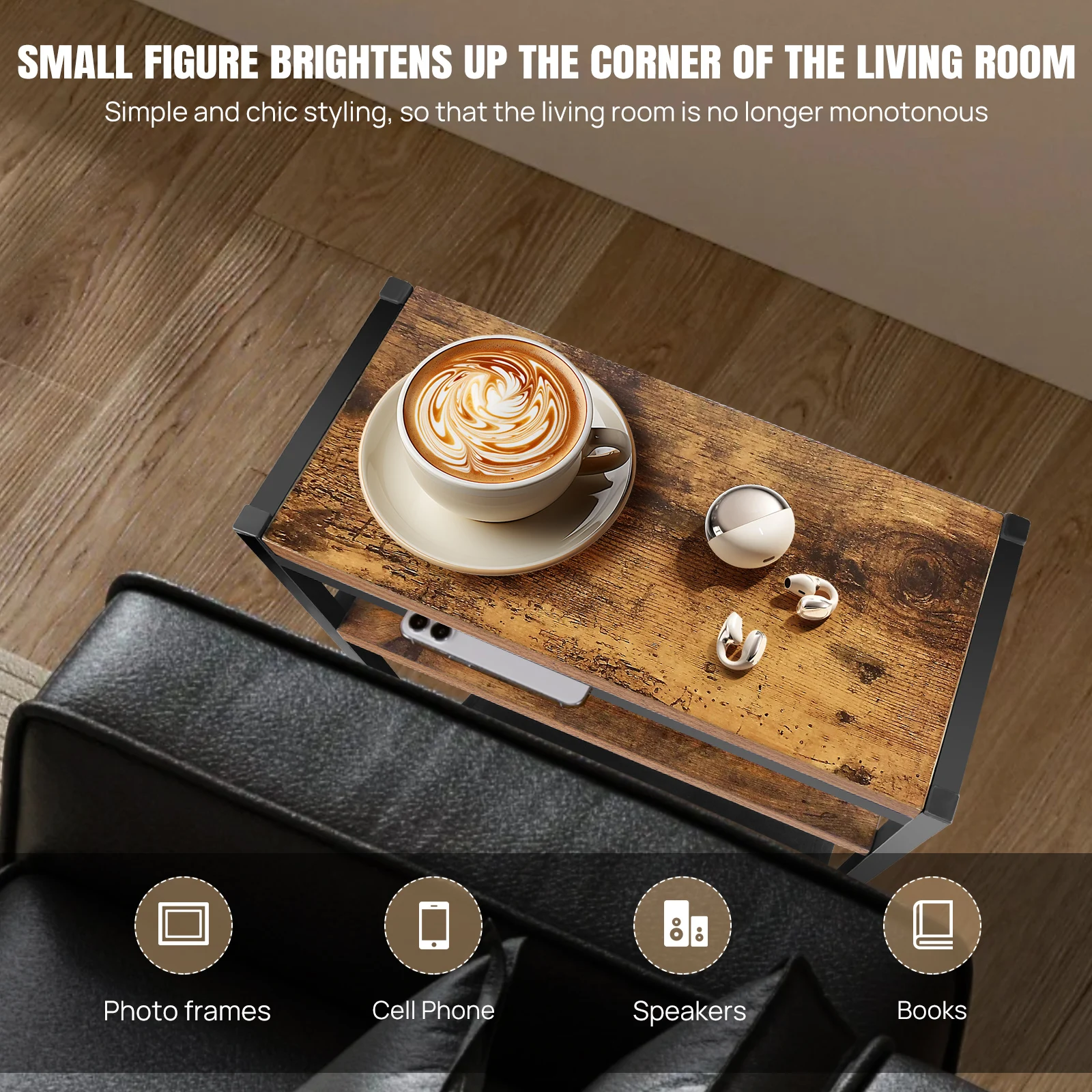 Small End Table for Small Spaces - Slim Side Table with Magazine Holder,2 in 1 Design Narrow End Table for Small Rooms, Bedroom