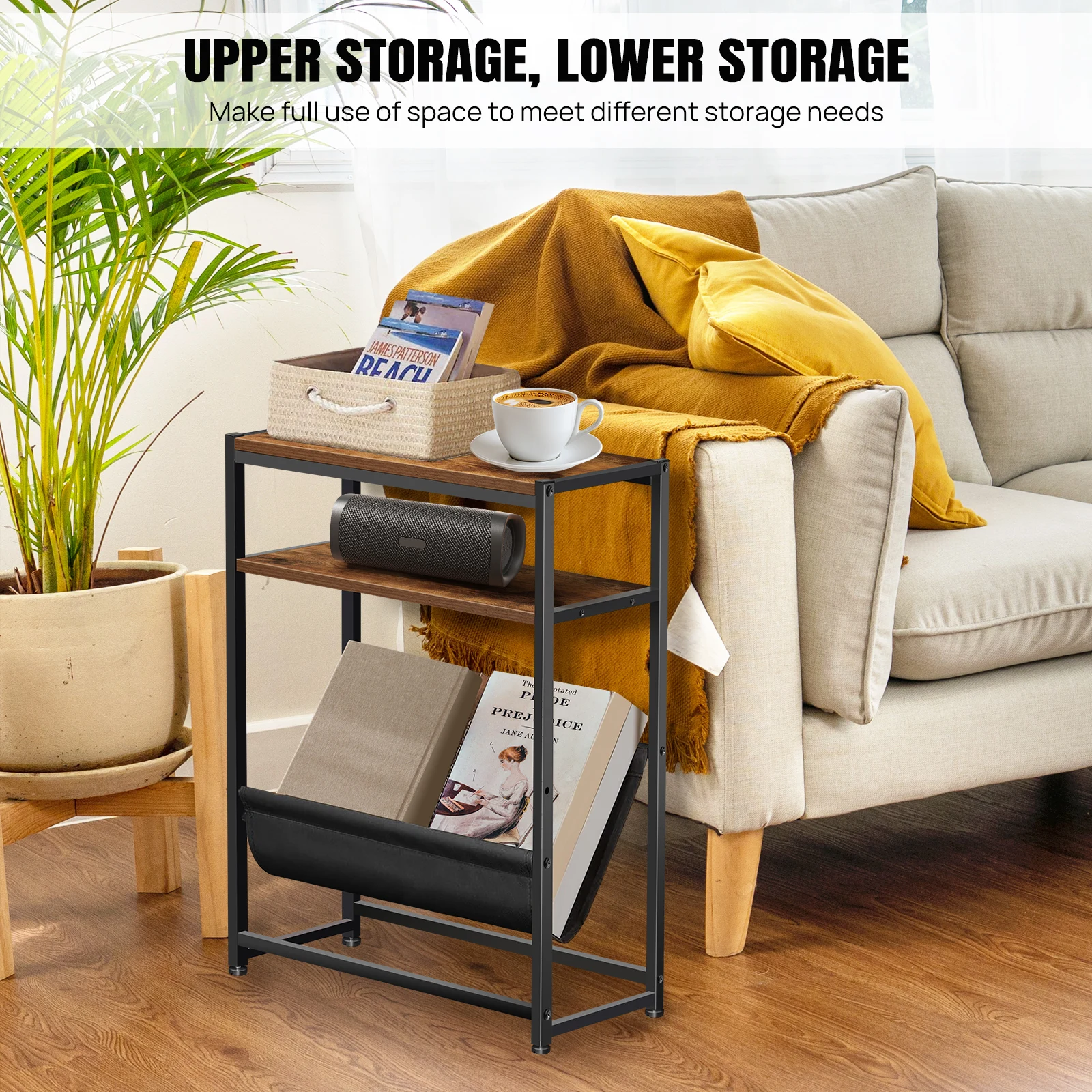 Small End Table for Small Spaces - Slim Side Table with Magazine Holder,2 in 1 Design Narrow End Table for Small Rooms, Bedroom
