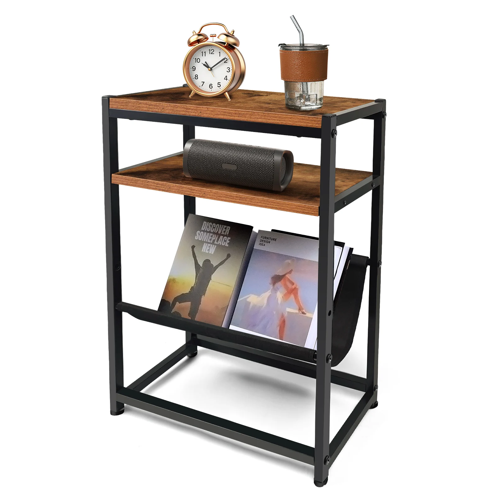 Small End Table for Small Spaces - Slim Side Table with Magazine Holder,2 in 1 Design Narrow End Table for Small Rooms, Bedroom