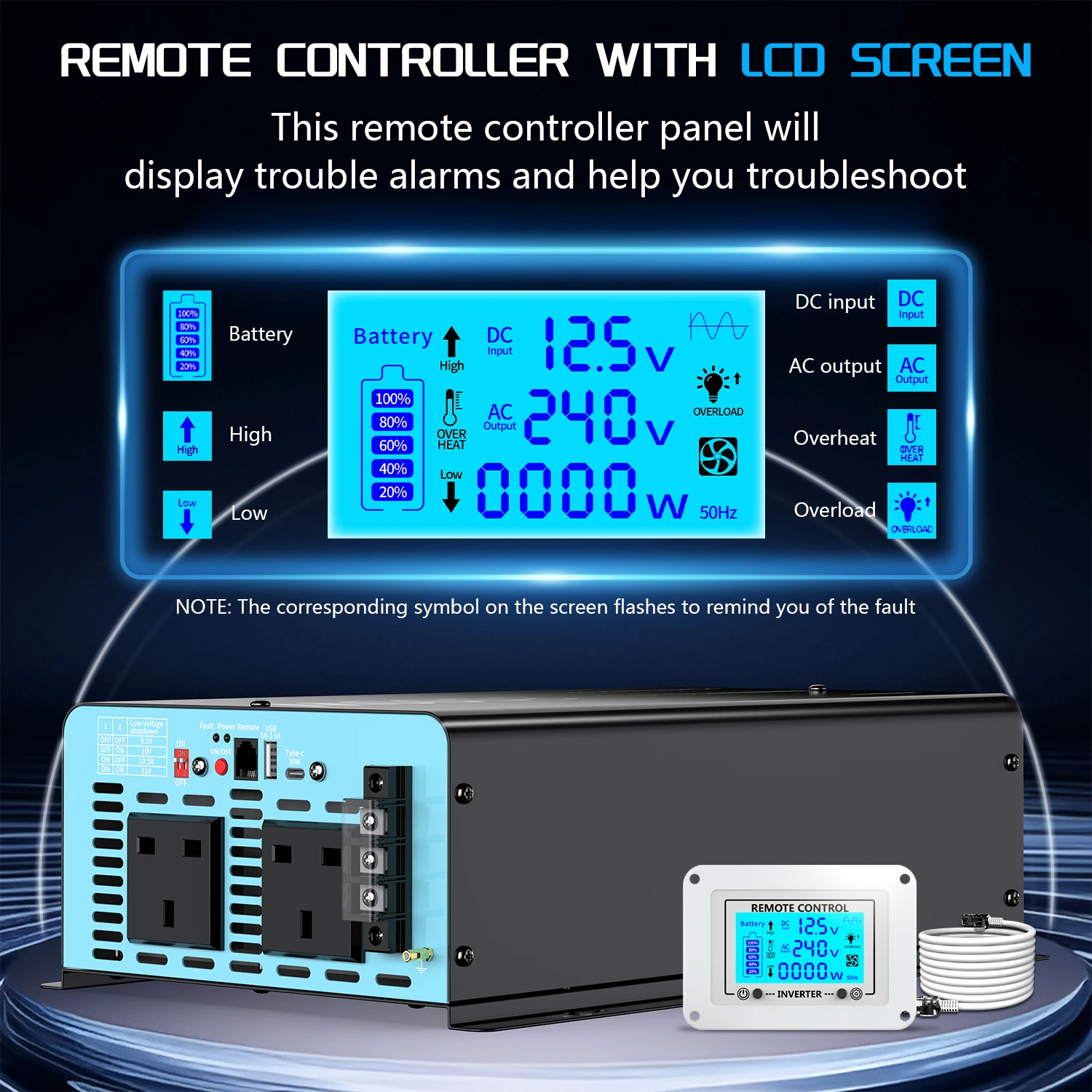 U.K Plug Pure Sine Wave Power Inverter 3000W 6000W DC 12V To AC 240V Solar Panel Car RV Camping LCD Display Remote Control
