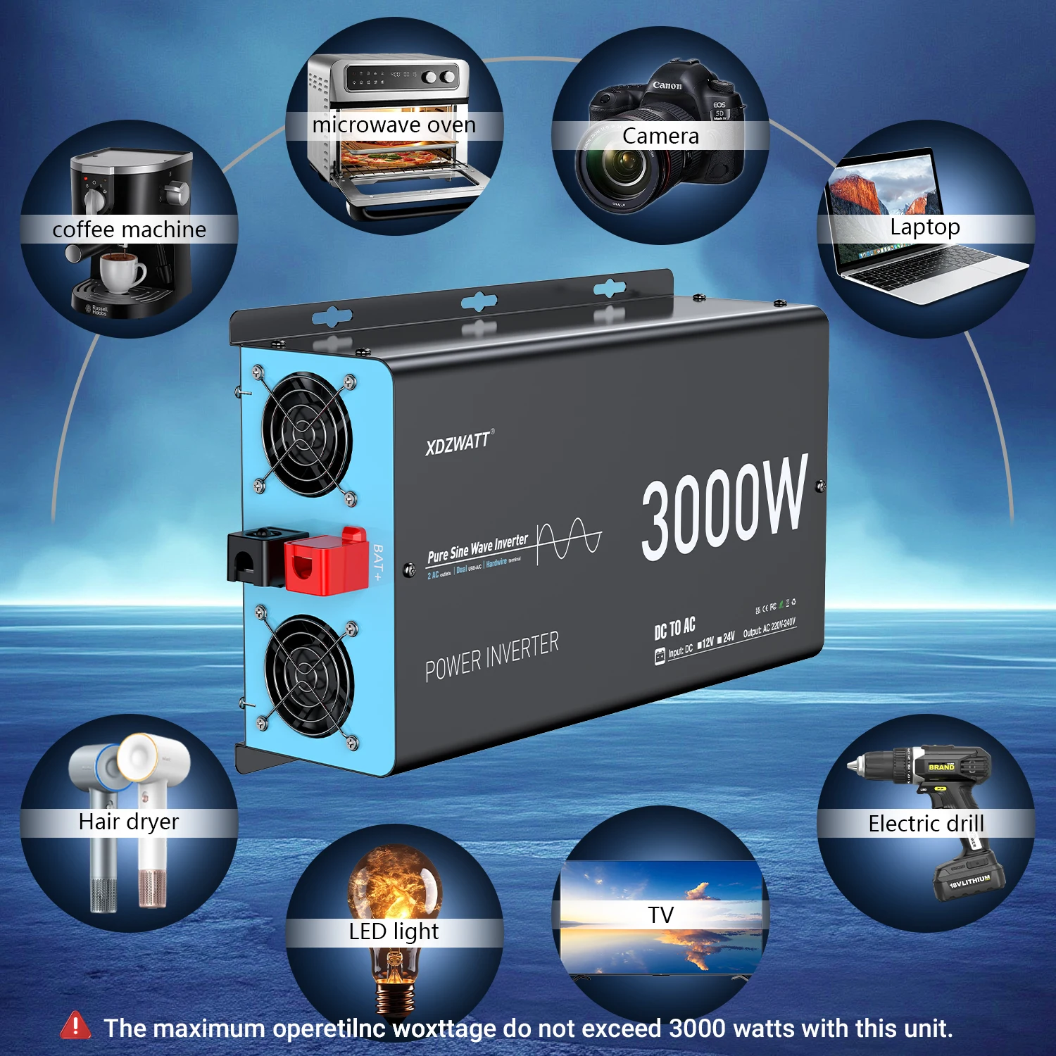 U.K Plug Pure Sine Wave Power Inverter 3000W 6000W DC 12V To AC 240V Solar Panel Car RV Camping LCD Display Remote Control