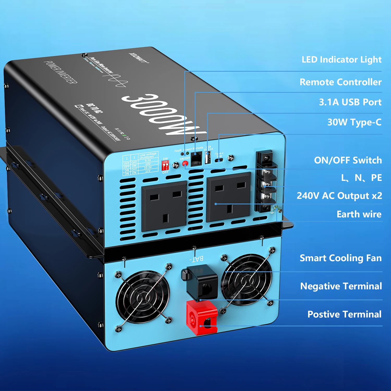 U.K Plug Pure Sine Wave Power Inverter 3000W 6000W DC 12V To AC 240V Solar Panel Car RV Camping LCD Display Remote Control