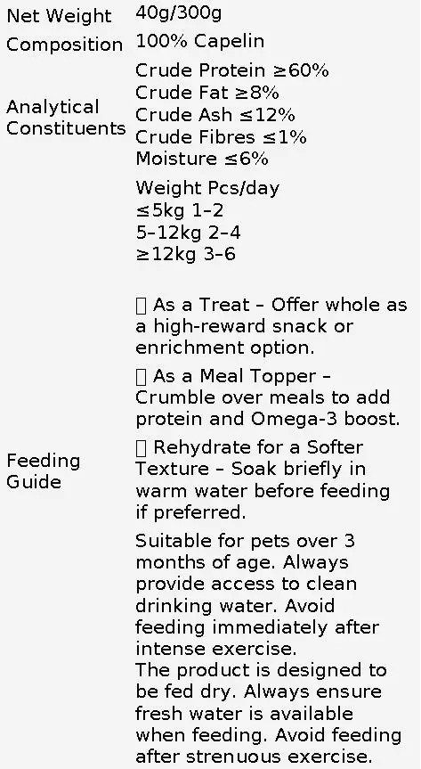 Waita Freeze Dried Capelin 40g Premium Pet Treats Cat Dog High Protein Nutrient Dense Skin Coat Rich Vitamins Minerals
