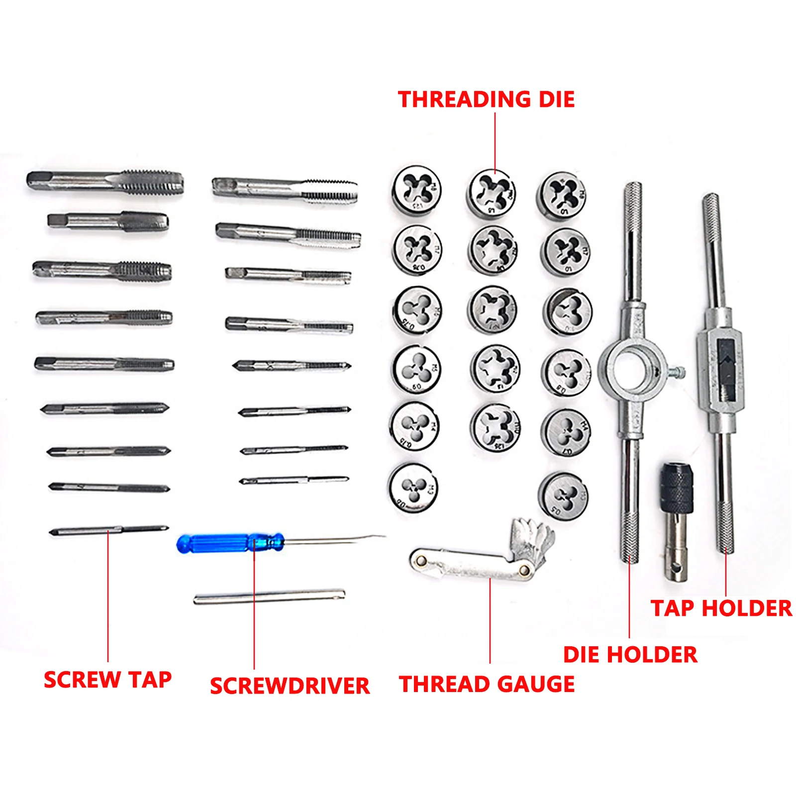 40Pcs Tap and Die Set Kit wiith Case Metric M3 to M12 Nut Bolt Screw Bearing Steel Pitch Gauge Threading Tool