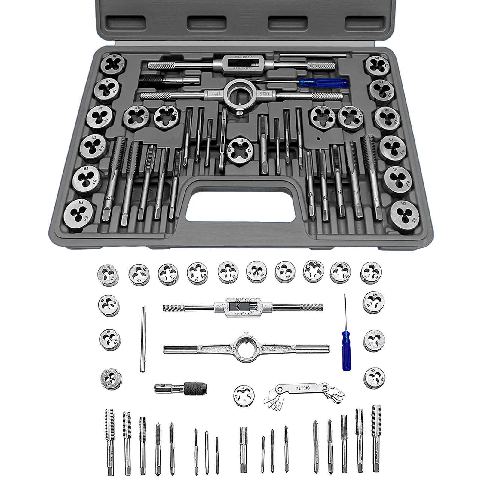 40Pcs Tap and Die Set Kit wiith Case Metric M3 to M12 Nut Bolt Screw Bearing Steel Pitch Gauge Threading Tool