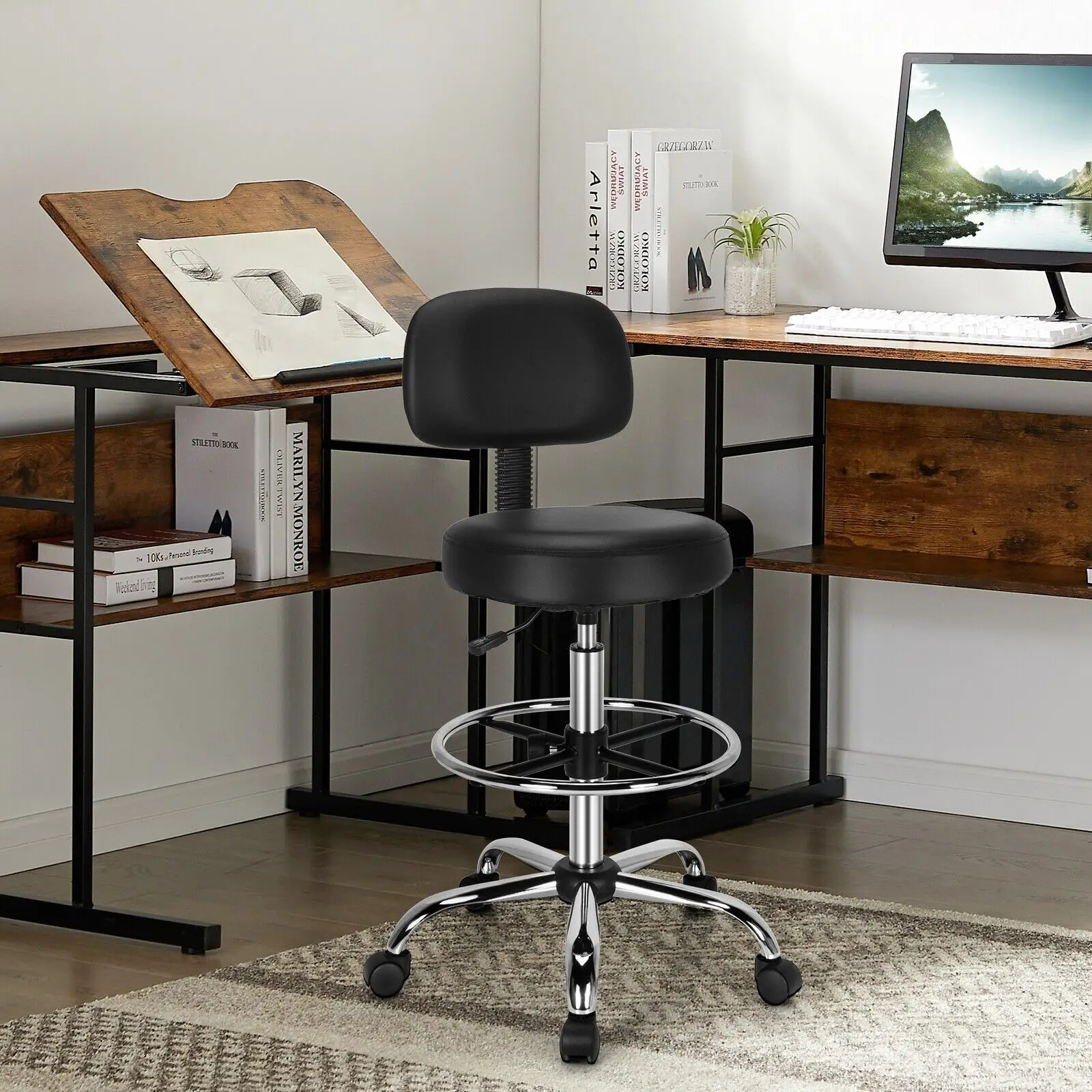 GOFLAME Ergonomic Drafting Chair Faux Leather Upholstered Rolling Stool w/ Backrest