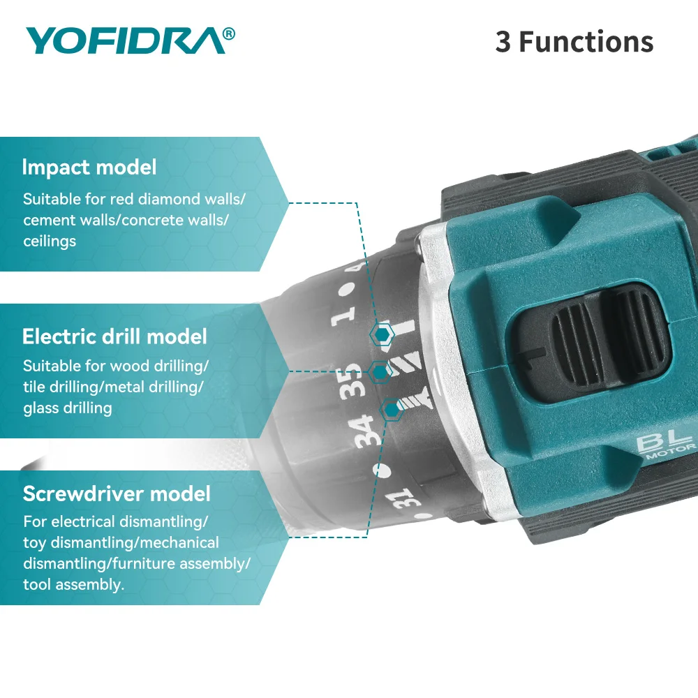 YOFIDRA 13MM Brushless Electric Impact Drill 35+3 Torque Cordless Woodworking Screwdriver Power Tool For Makita Battery Pin