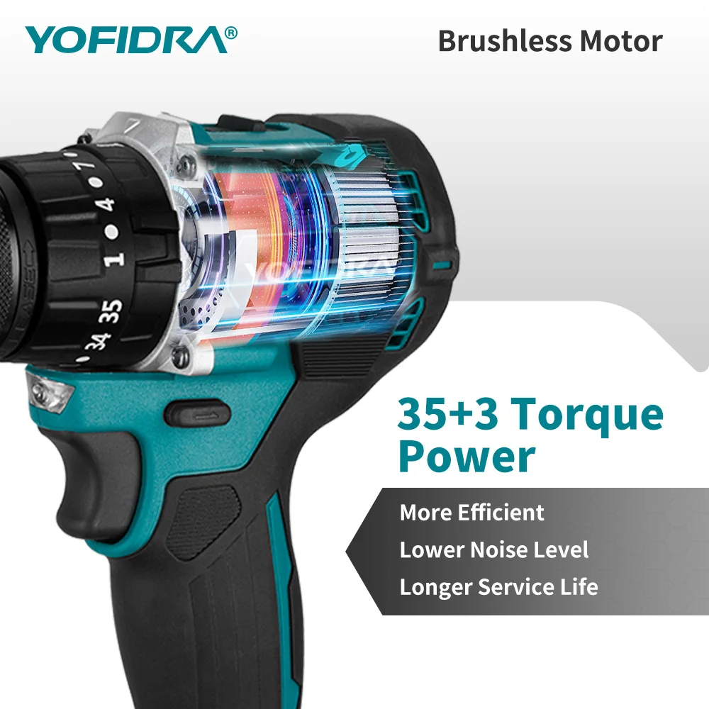 YOFIDRA 13MM Brushless Electric Impact Drill 35+3 Torque Cordless Woodworking Screwdriver Power Tool For Makita Battery Pin