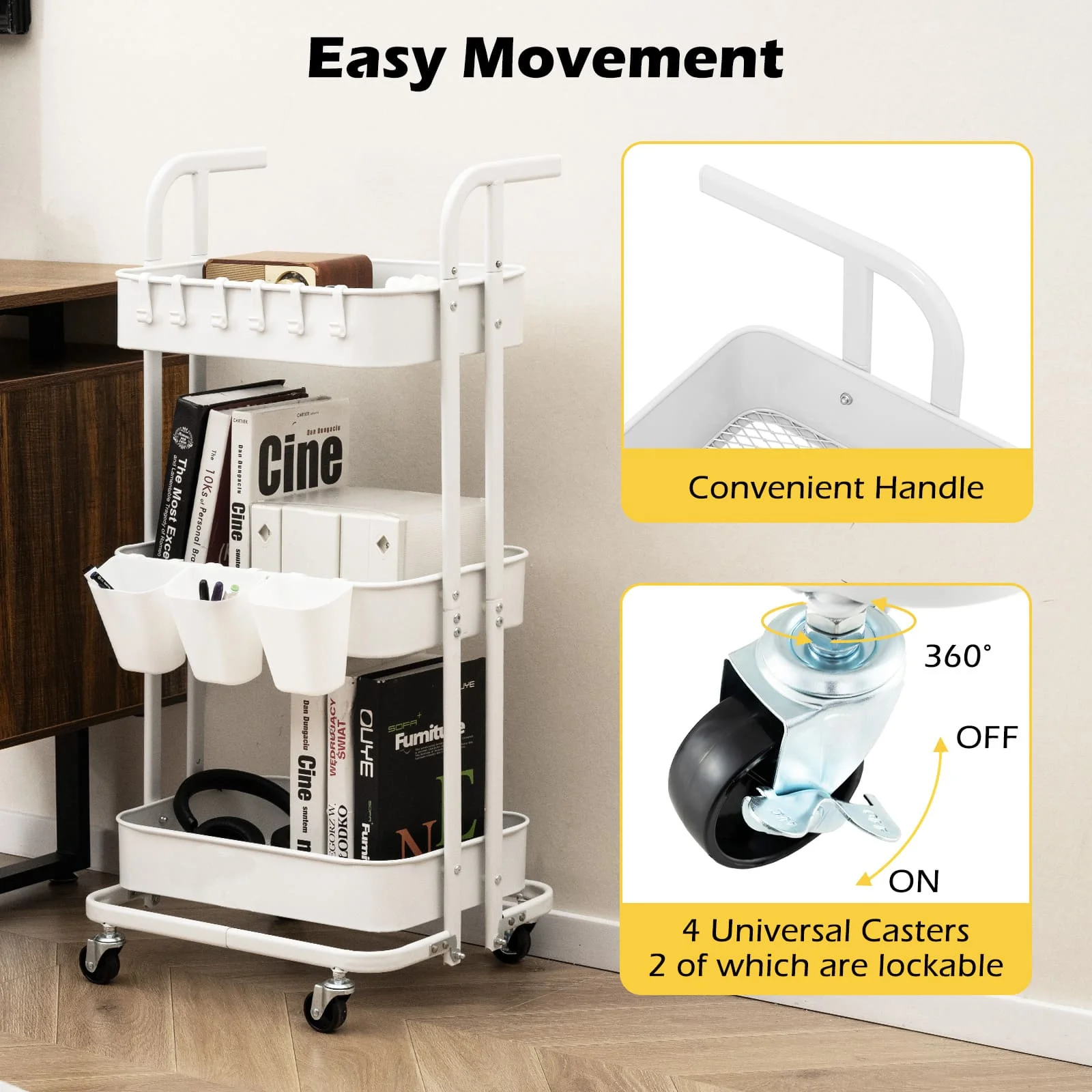 GOFLAME 3-Tier Rolling Cart Folding Storage Cart w/3 Hanging Cups&6 Hooks-White