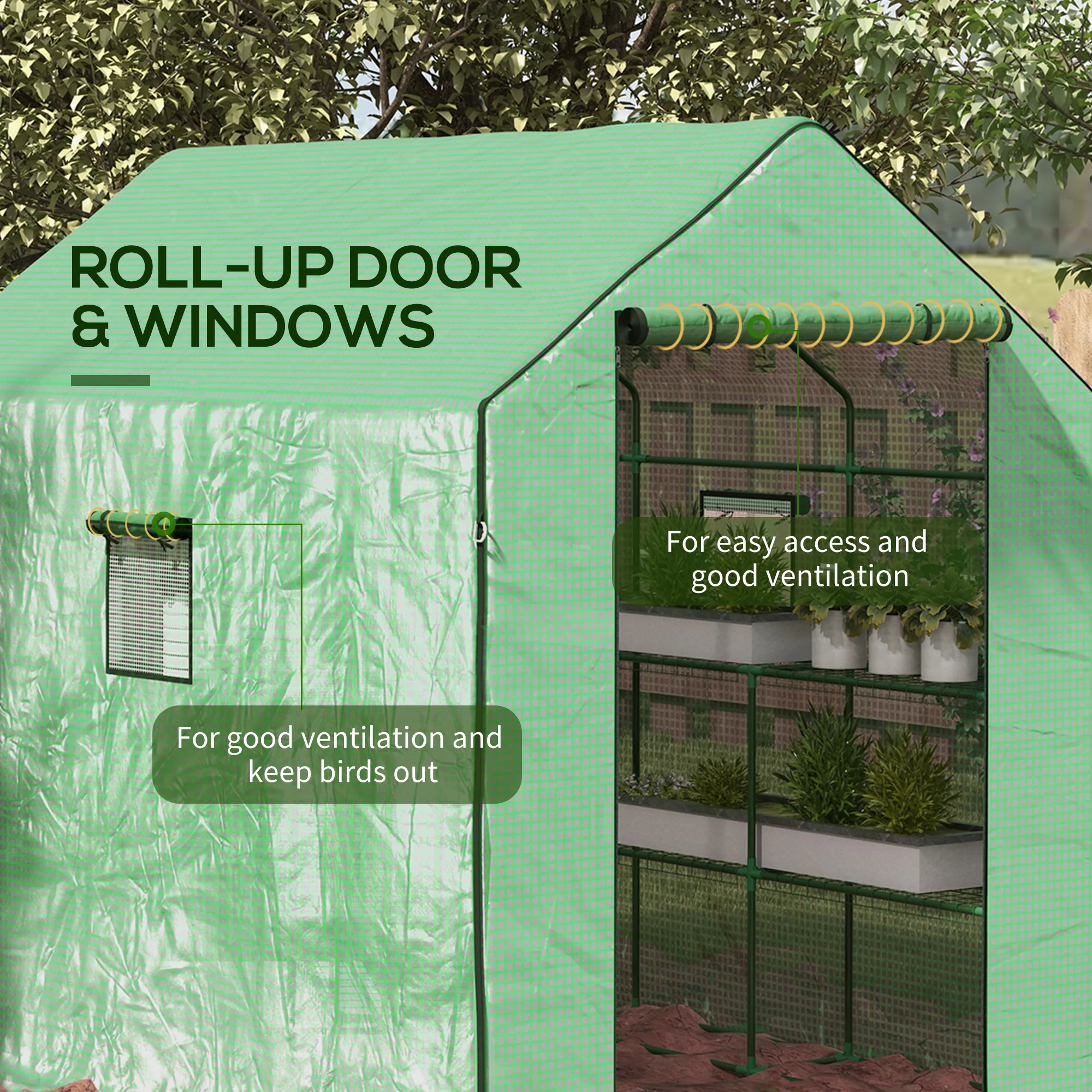Outdoor Walk-In Greenhouse with 3 Tier Shelves with Reinforced Pe Cover, Green