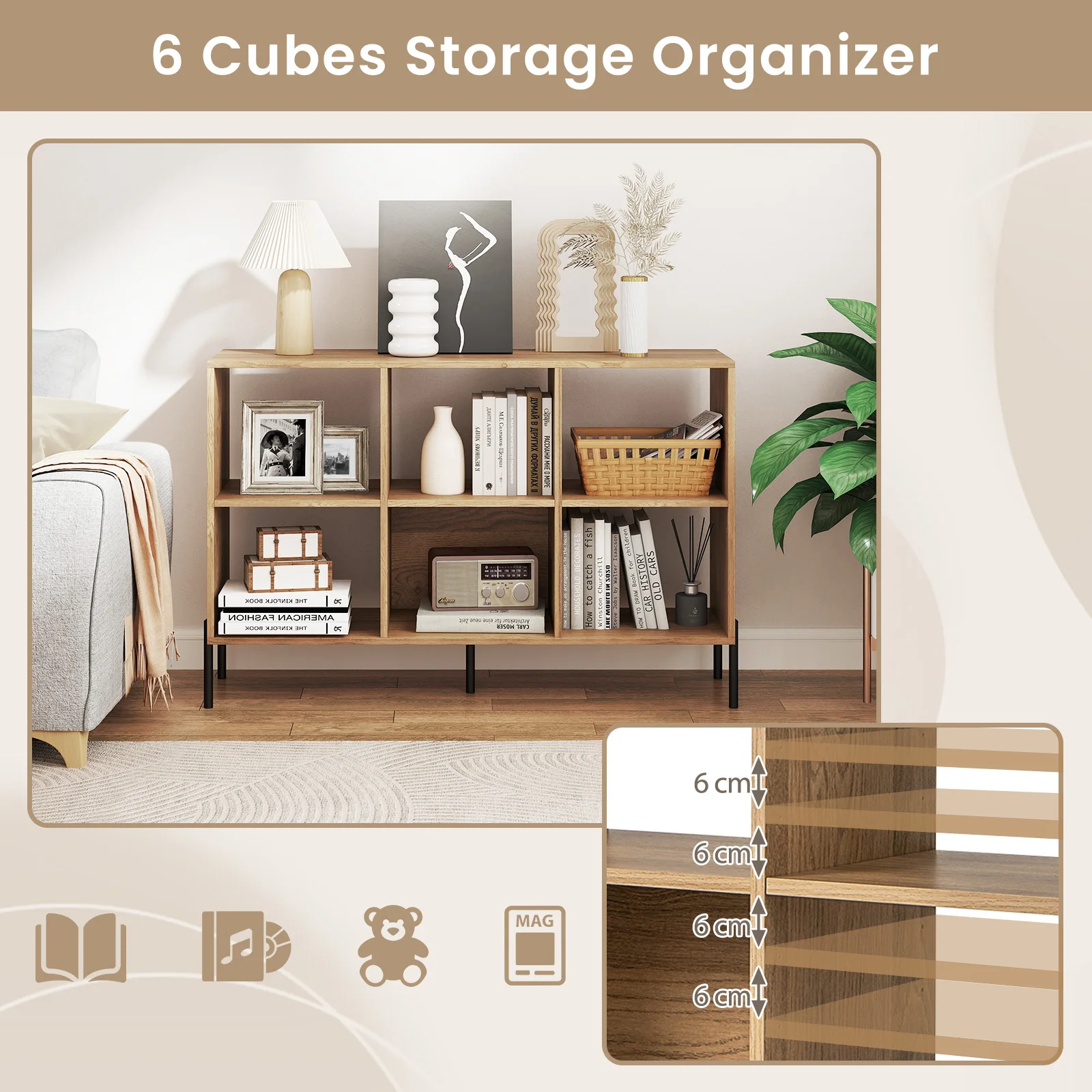 GOFLAME 6m³ Storage Bookcase 3-Tier Wooden Open Bookshelf with 5 Metal Legs & Adjustable Shelves Natural/Black/White