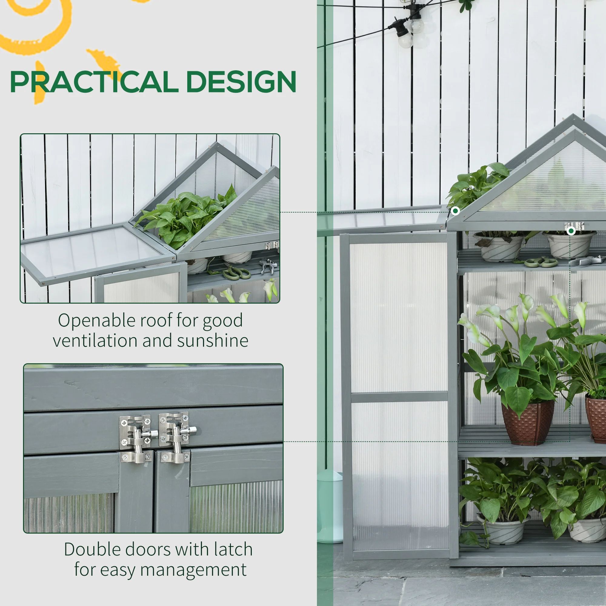 80X47X138Cm Wooden Cold Frame Greenhouse for Plants Pc Board Outdoor Grey