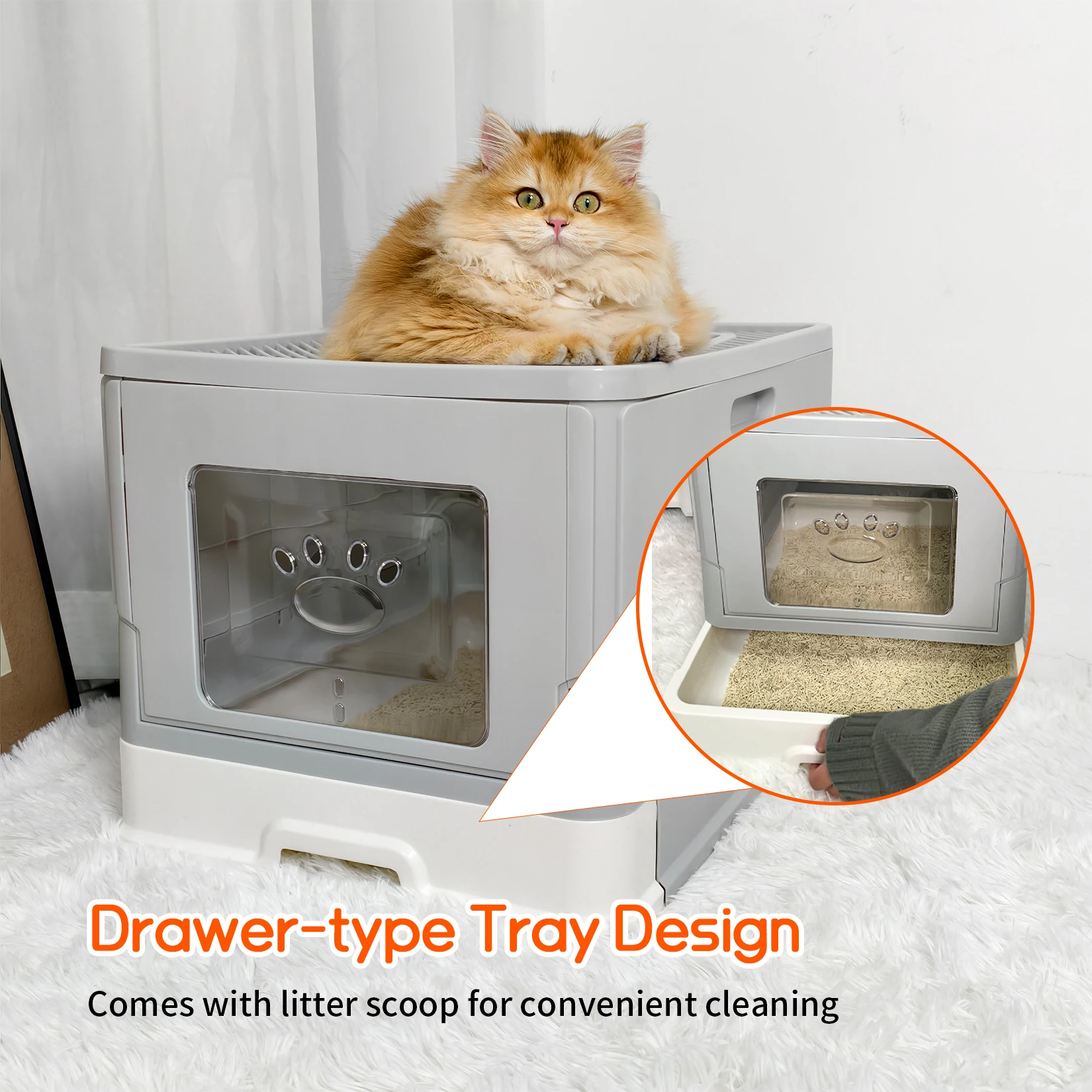 Large Cat Litter Box with Lid, Foldable Litter Box, Drawer Type Enclosed Kitty Litter Box Front Entry Top Exit Kitty Litter Box