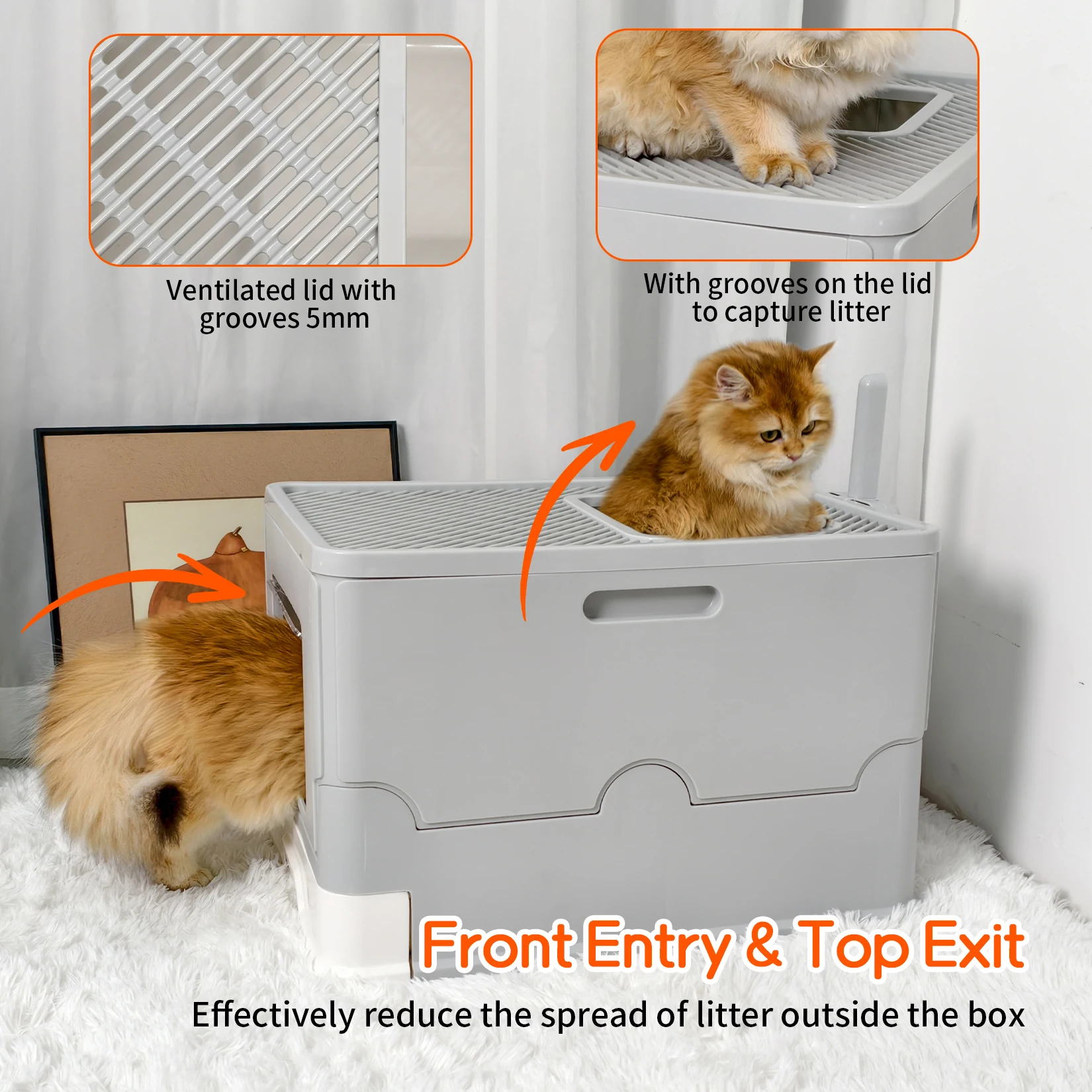 Large Cat Litter Box with Lid, Foldable Litter Box, Drawer Type Enclosed Kitty Litter Box Front Entry Top Exit Kitty Litter Box