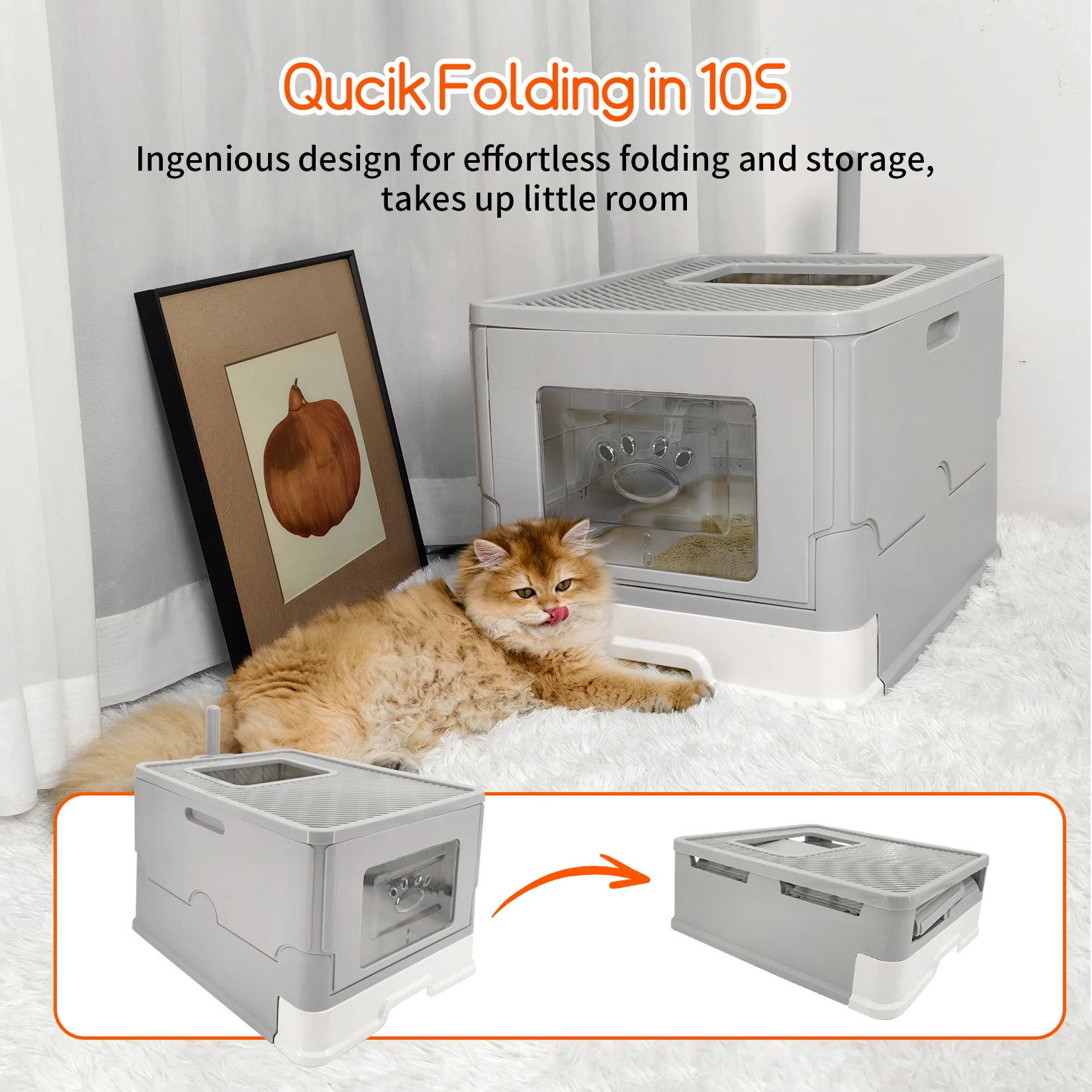 Large Cat Litter Box with Lid, Foldable Litter Box, Drawer Type Enclosed Kitty Litter Box Front Entry Top Exit Kitty Litter Box