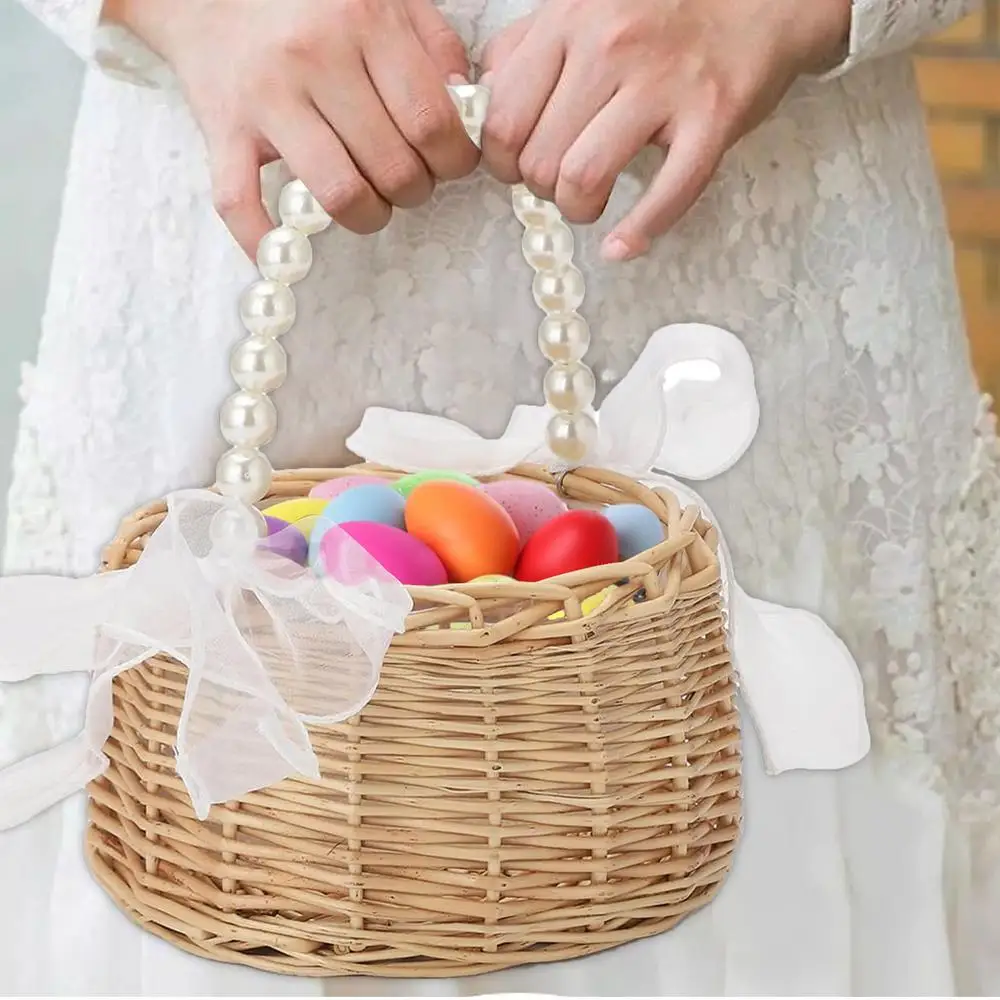 Woven Rattan Flower Girl Basket With Handle Handmade Flower Girl Easter Wicker Hand Baskets For Home Wedding Decoration