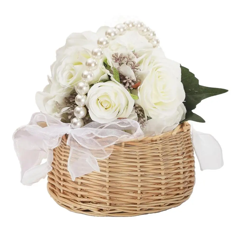 Woven Rattan Flower Girl Basket With Handle Handmade Flower Girl Easter Wicker Hand Baskets For Home Wedding Decoration