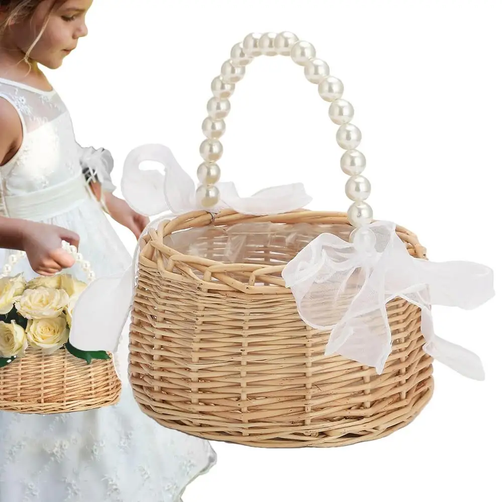 Woven Rattan Flower Girl Basket With Handle Handmade Flower Girl Easter Wicker Hand Baskets For Home Wedding Decoration